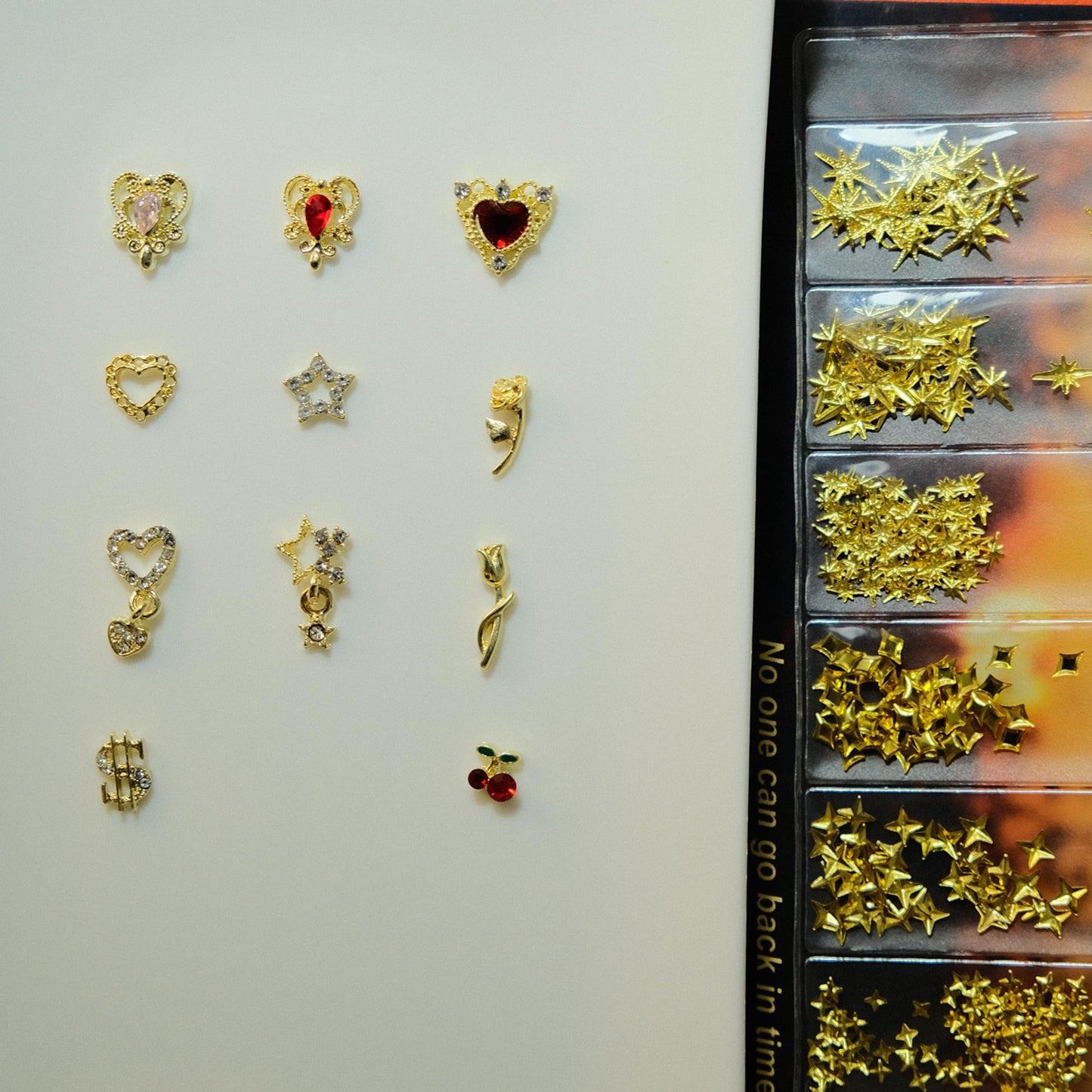 ZAKCBEAUR 350 Pcs Gold Nail Charms with Stars, Hearts, Dollars, Cherries, Roses for Women Nail Art Decoration DIY Craft