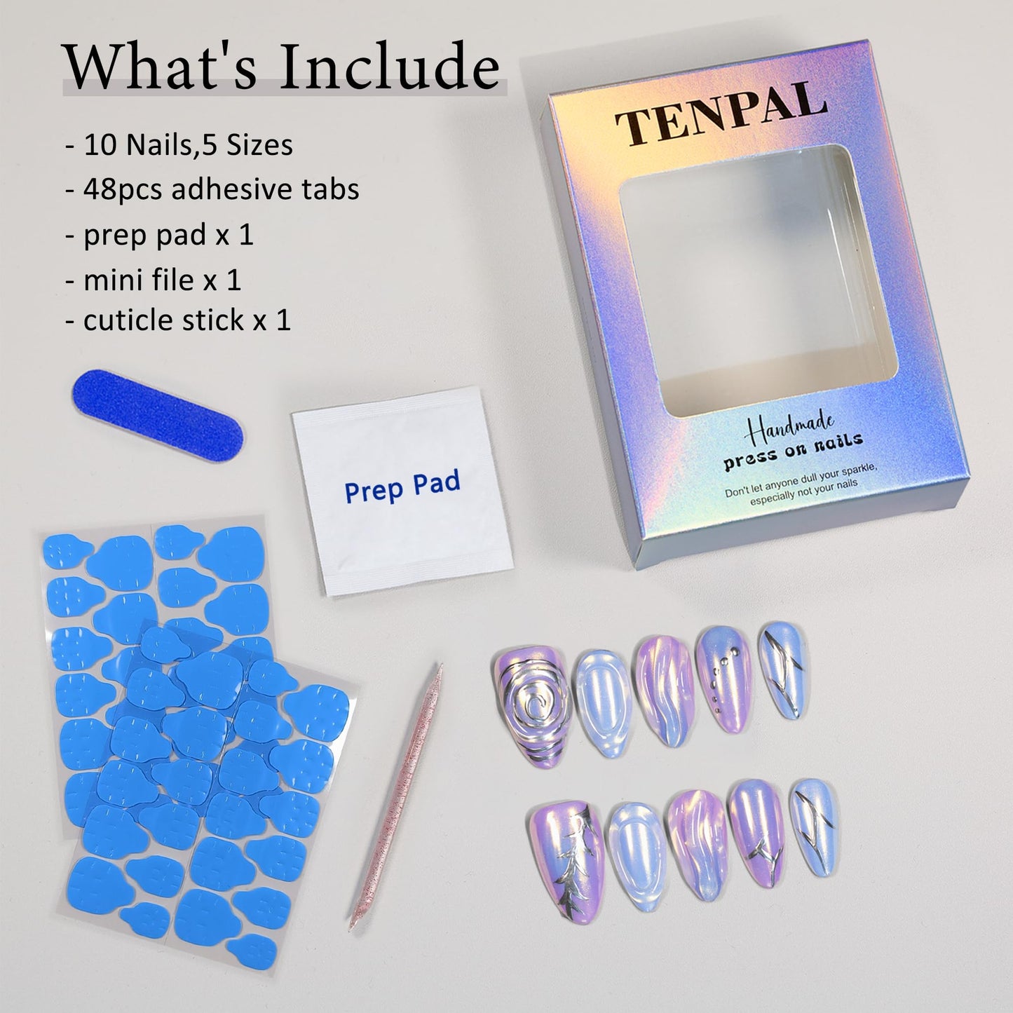 TENPAL Aurora Blue Purple Metallic Nails,Handmade Press on Nails Almond,Full Cover Soft Gel Fake Nails With Tools, Glossy Glitter Glue on Nails With Curves Swirls 10pcs/Box Stick on Nails,XS Size