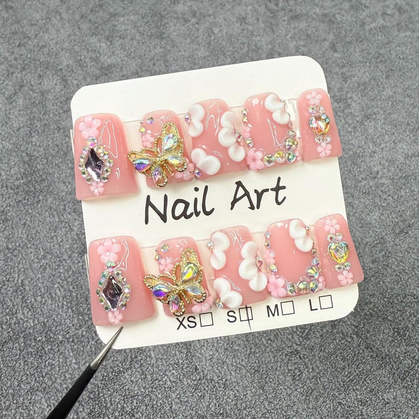 Handmade Press on Nails Butterfly Press on Nails Short Duck Shaped Fake Nails Rhinestones Acrylic Nails Full Cover Reusable Flower False Nails for Women Girls Nail Accessories (Size S)