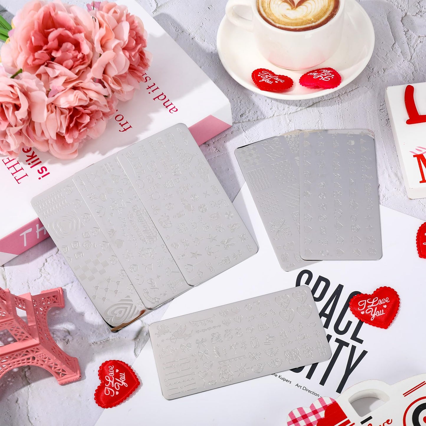 Whaline 6Pcs Valentine's Day Nail Plates Stamping Set Love Heart Stamp Templates Nail Art Plates for DIY Print Manicure Salon Design