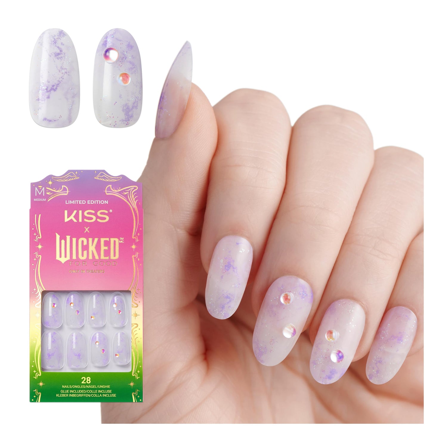 KISS X WICKED: FOR GOOD Press On Nails, ‘Bubble Of Brilliance’, Purple, Medium Oval, Waterproof, Chip Proof, Smudge Proof, 28 Fake Nails, Pink Gel Nail Glue (2g), Mini Nail File, & Manicure Stick