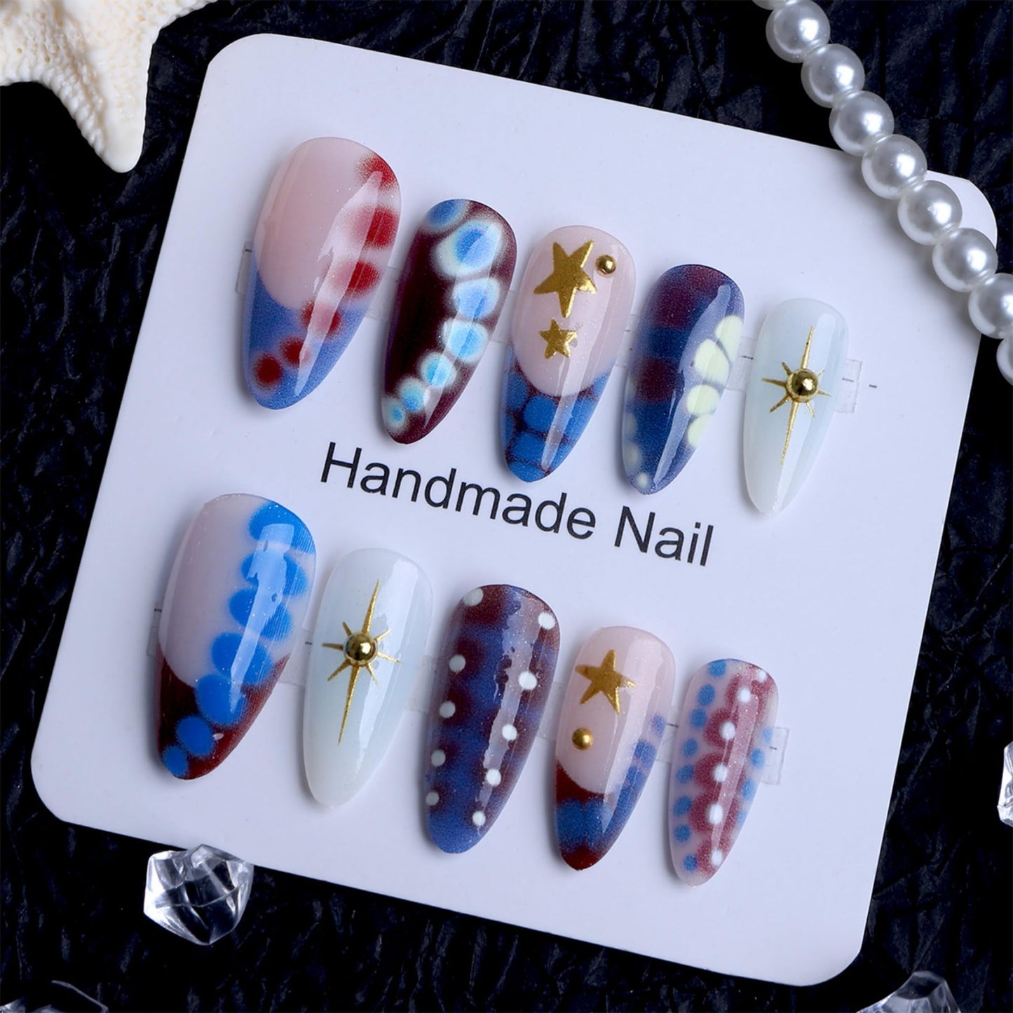 Long Press on Nails Almond Fake Nails Blue Acrylic Nail Press ons SEENEEY Stars Gold Charm Tortoise Shell Beach Stick on Nail for Women 24pcs