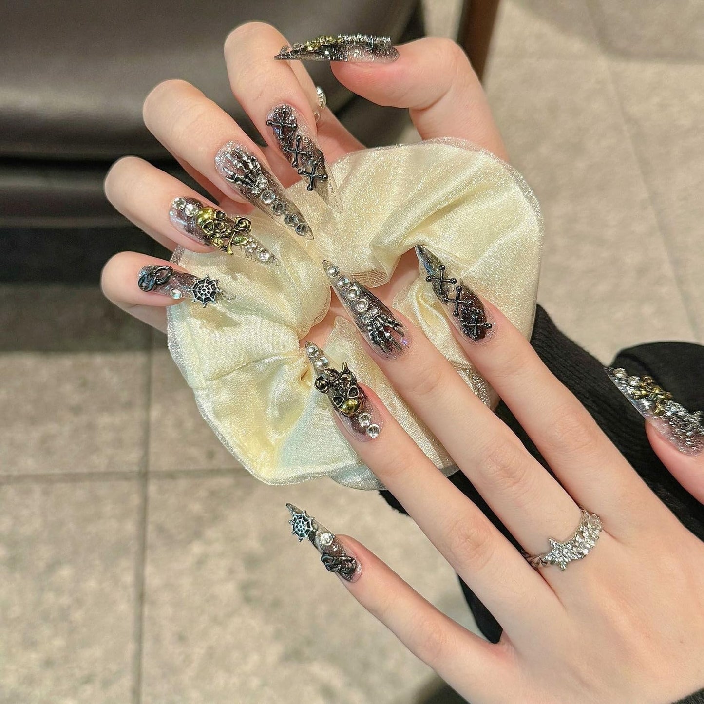Halloween Press on Nails Handmade Press on Nails Long Almond Fake Nail Skeleton False Nail with Spider Web and Rhinestones Designs Full Cover Glue on Nails Glossy Halloween for Women (Size M)