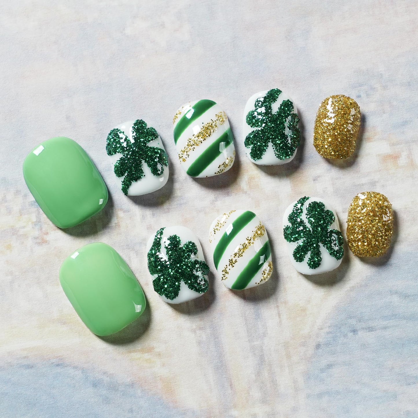 Tesytto Green & Gold Glitter Extra Short Squoval Press On Nails, Handmade Clover and Stripe Design, Reusable Full Cover Acrylic Nails (Size L)