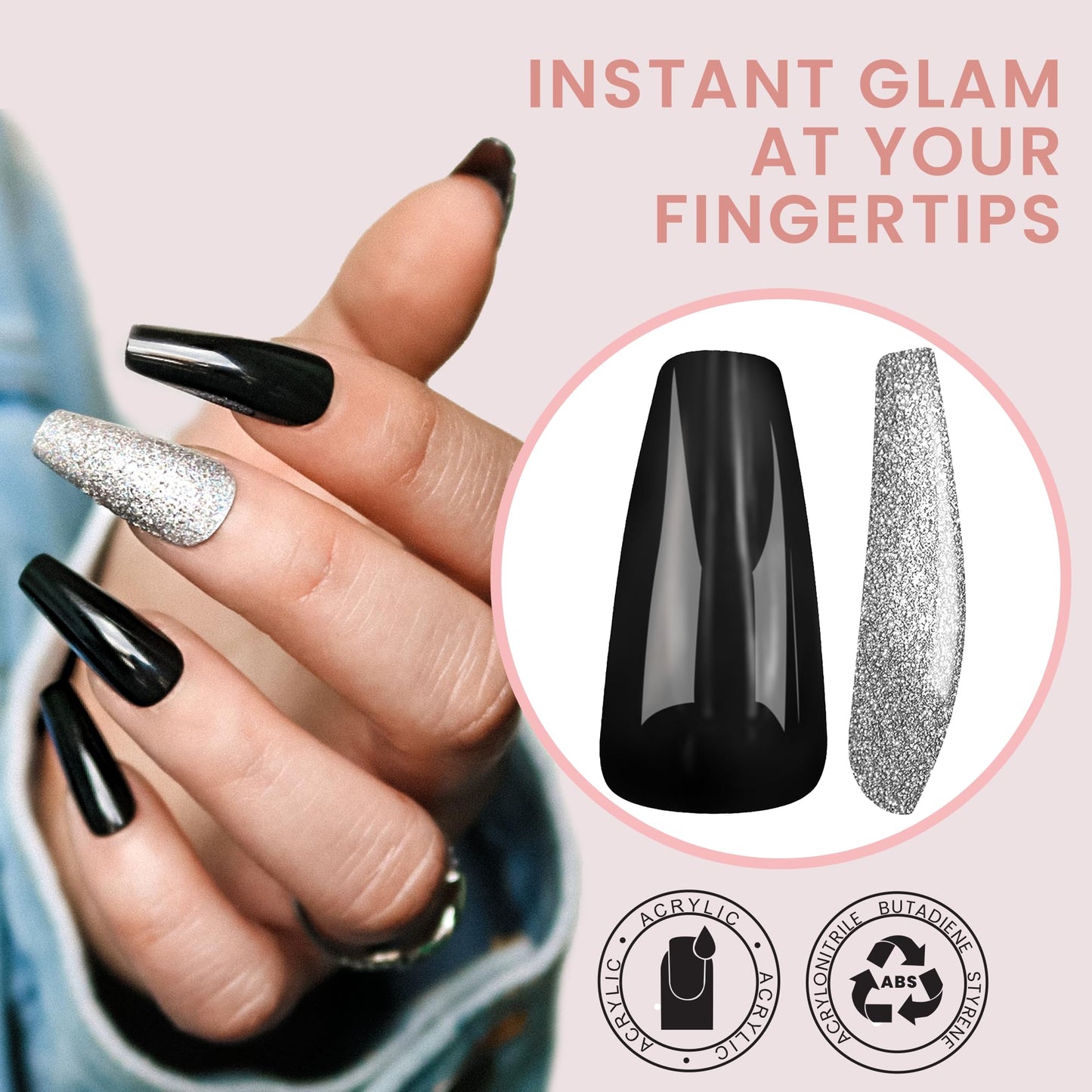 Allkem Press On Nails |Midnight Black Medium Long Tapered Ballerina 10 sizes - 20 pcs Coffin Nail Kit with Glue