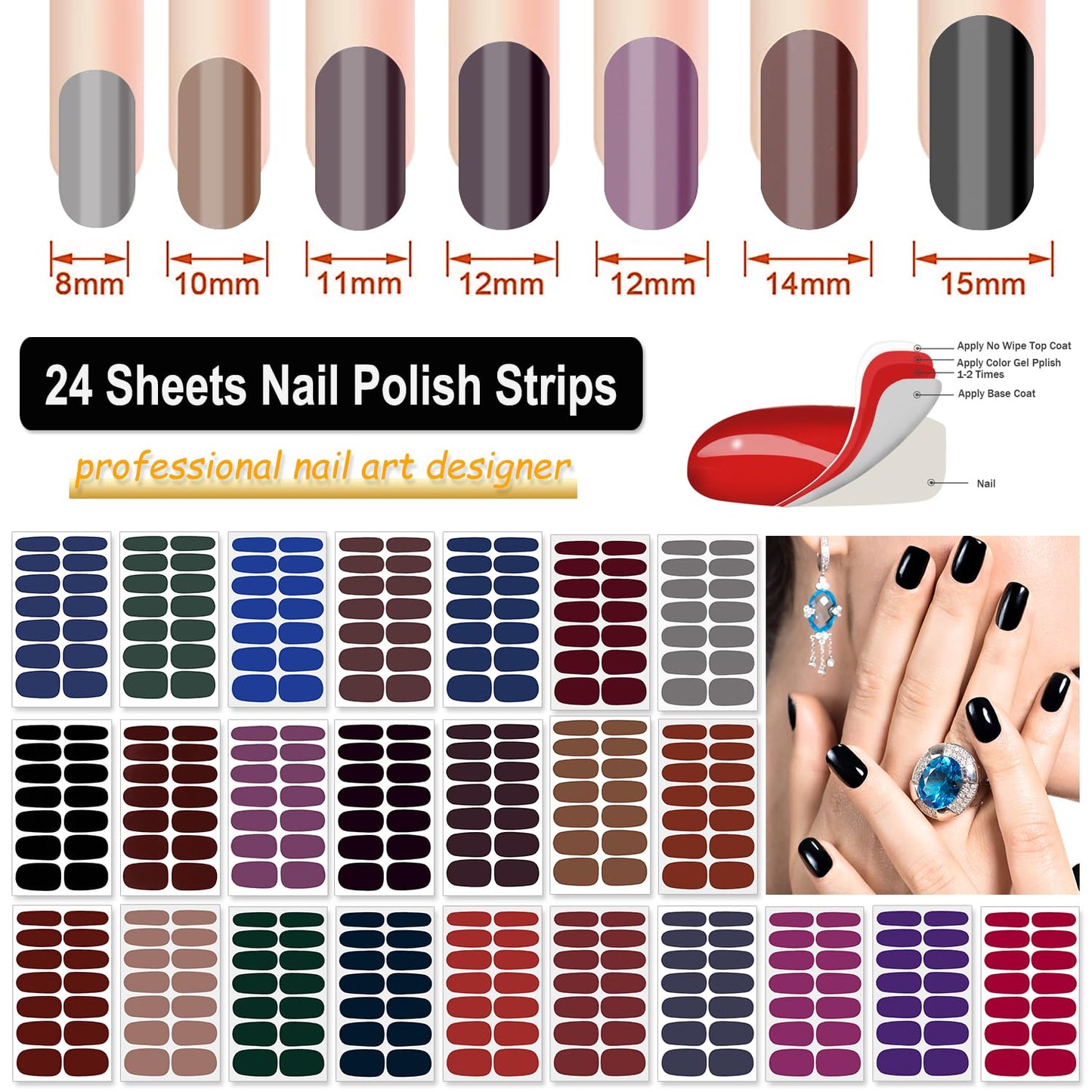 DANNEASY 336PCS/24 Sheets Nail Polish Strips - Dark Solid Color Gel Nail Stickers Full Nail Wraps UV Free | Easy to Stick | Adhesive Sticker Nails for Women with 1 File, 1 Cuticle Stick