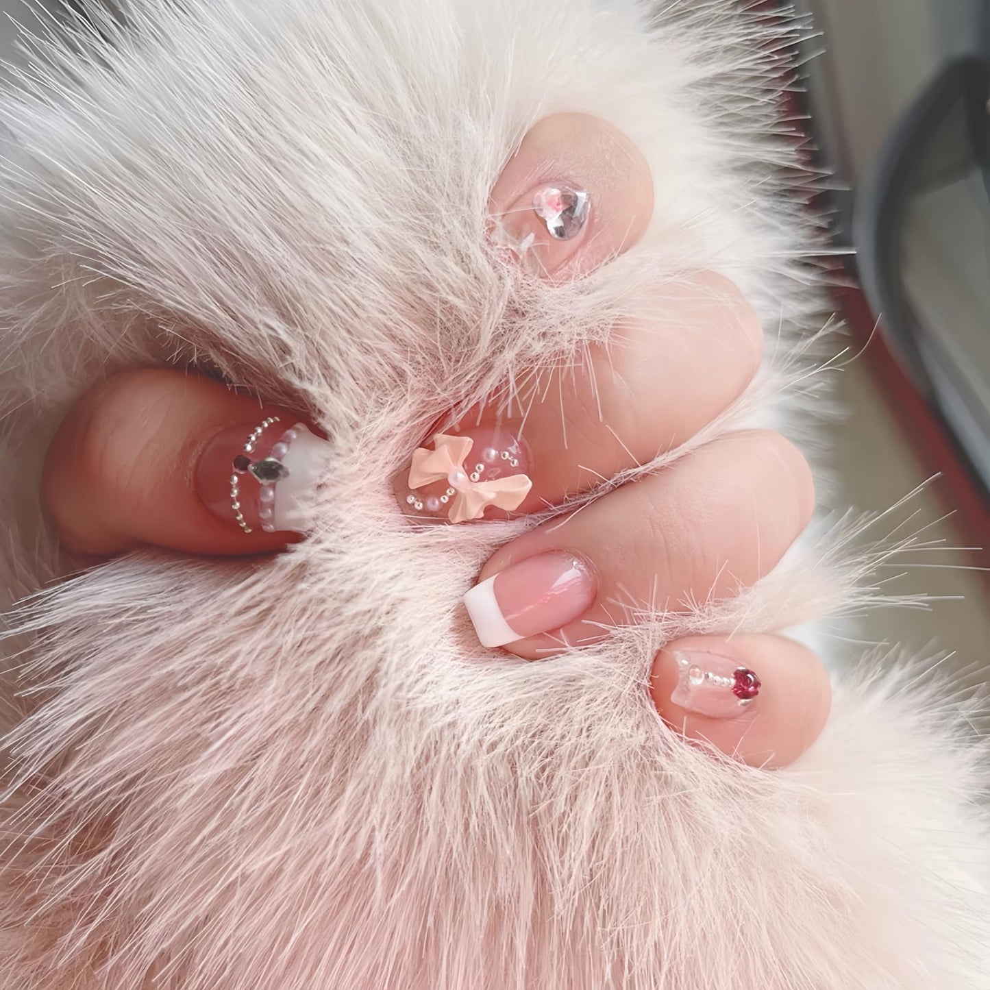 NLSJMP,10Pcs,Size M,French bow, Handmade Short Square Press on Nails French Tip,Ombre Acrylic Fake Nails Kit,Pearl Glitter Design 3D Nail Art Kit,Reusable False nails,Include Toolkit