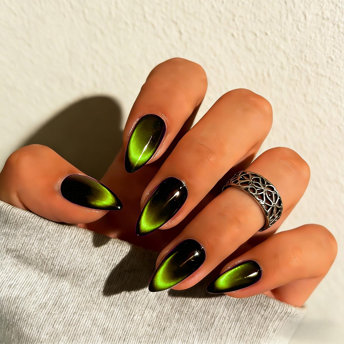 KQueenest Cat Eye Press On Nails Almond - Dark Lime Green Press On Nails Medium Stiletto, 30 Pcs 15 Sizes Glitter Fake Nails Press ons Black, Upgrade Thick Quality Glue on Nail for Women Party
