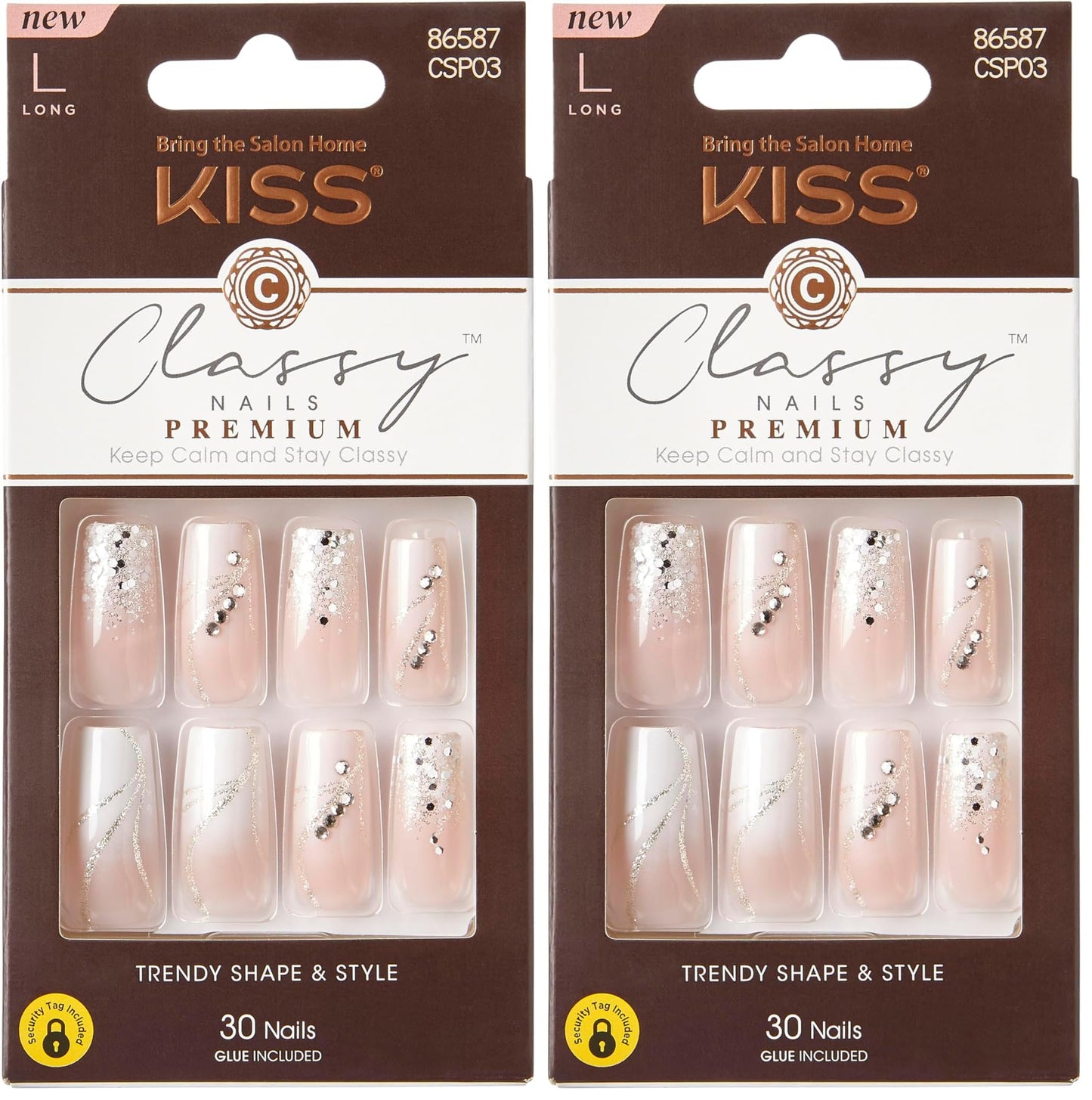 KISS Classy Premium Press On Nails, 'Stunning!', French, Long Length, Square Shape, Includes 30 Fake Nails, 2g Pink Gel Nail Glue, 1 Manicure Stick, 1 Mini File (Pack of 2)