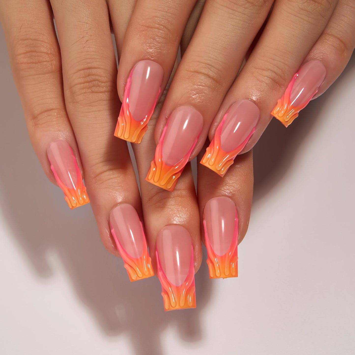 Curvlife 30pcs Press on Nails, Acrylic Fake Nail with Apricot Design, Full Cover False Nails Tips Glossy Nude Glue on Nails Artificial Stick on Nails for Women (3D nails, Long)