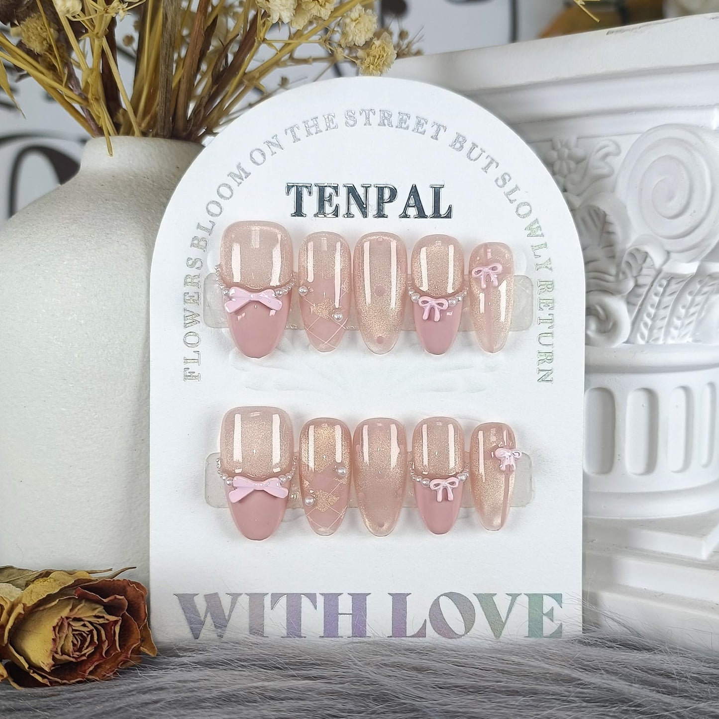 TENPAL Cute Sweet Handmade Press on Nails Almond,Ballet Butterfly Cat Eye Nude Pink Ombre French Tips Fake Nails with Tools, Reusable Spring Polka Dot Bow Pearl False Nails for Women 10pcs(L)