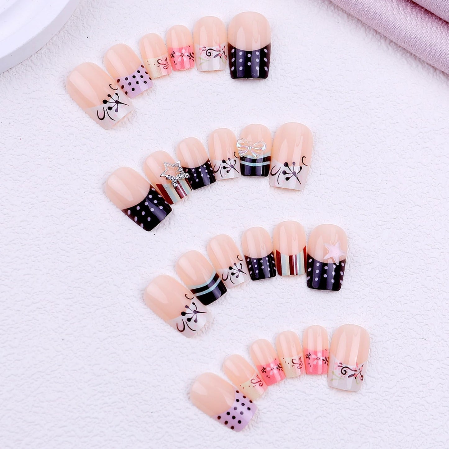 OCTOSWAVE Square Short Press on Nails with 3D Bows, Stars, Stripes & Polka Dots - 24Pcs Acrylic Fake Nails - Trendy Nail Art for Parties, Outdoors & Office