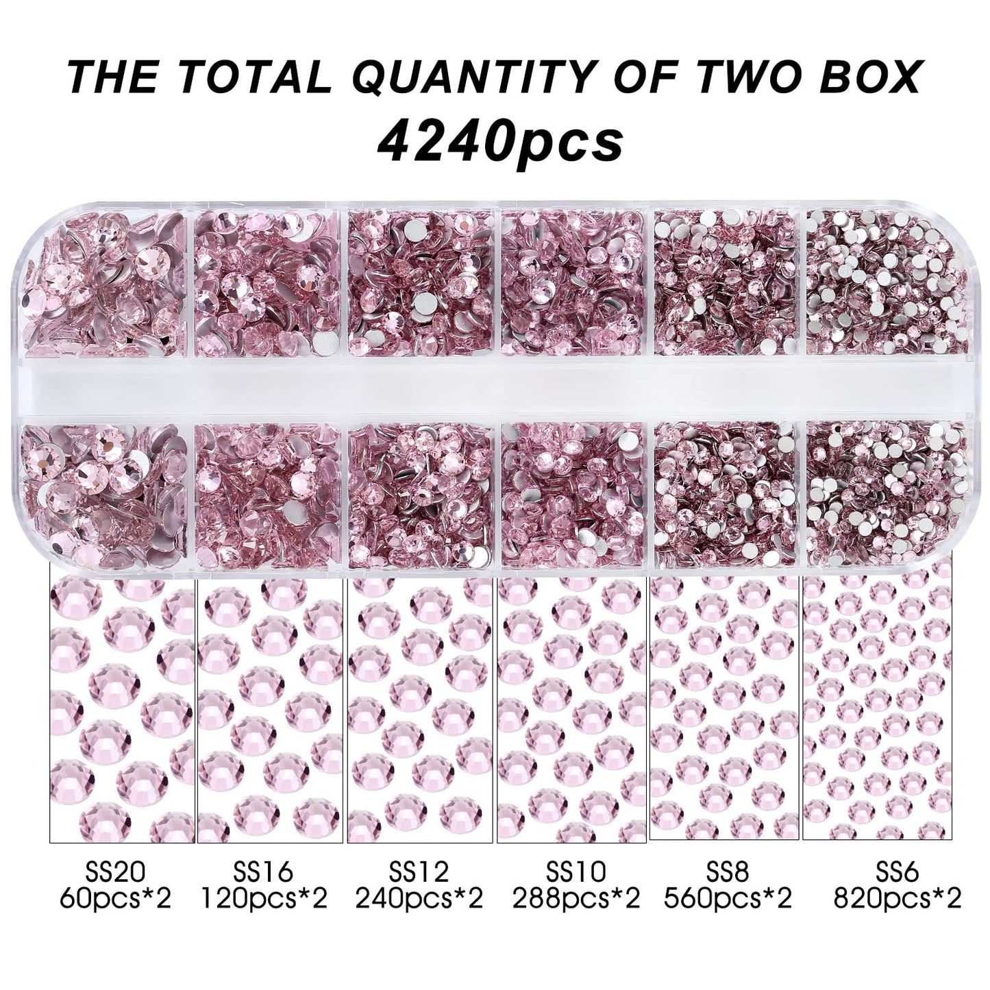 Meibite Pink Glass Flatback Rhinestones for Nails, Crafts & Clothes – 4240PCS 6 Sizes (SS6–SS20) Crystal Gems Kit with Tweezers & Picker, Non Hotfix DIY Rhinestones for Tumblers, Shoes, Nail Art