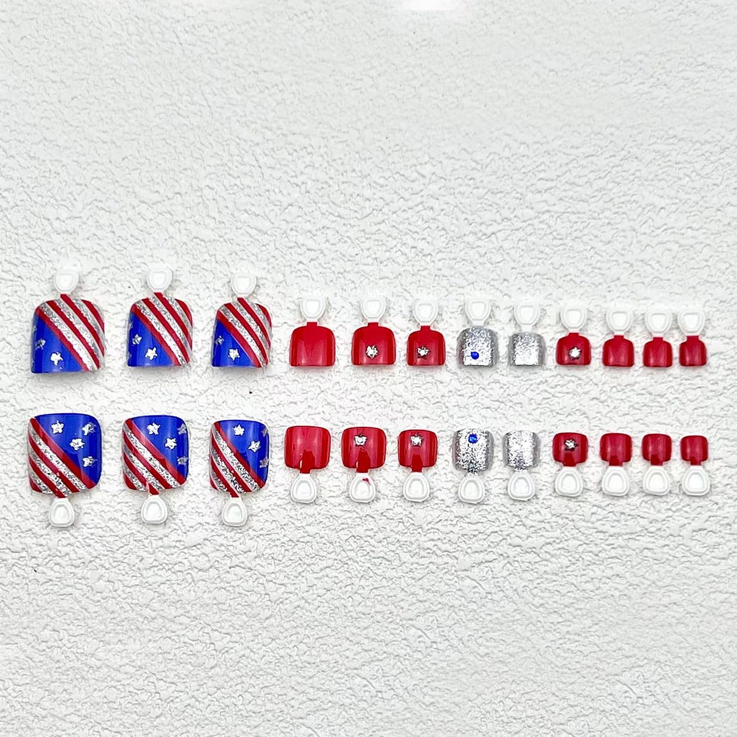 24Pcs Glitter American Flag Press on Toenails Short Square Fake Toenails 4th of July with Rhinestones Design False Toenails Independence Day Full Cover Memorial Day for Women Girls