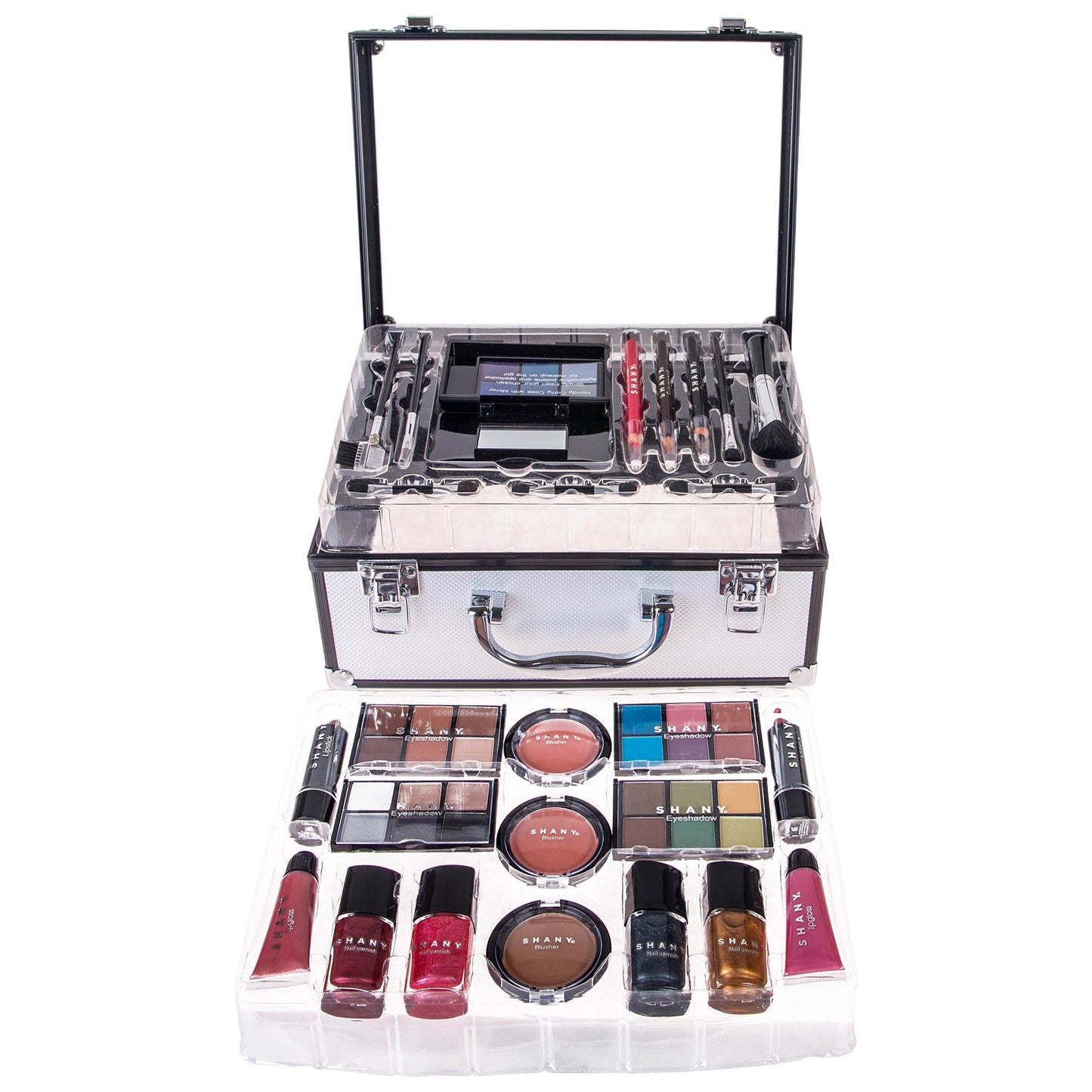 SHANY Carry All Trunk Makeup Train Case with Re-usable Aluminum Beauty Storage Organizer Case. Make up Set with Eye palettes, Blushes,Face Powders, Manicure, Pedicure and Cosmetics Brushes. GIFT SET