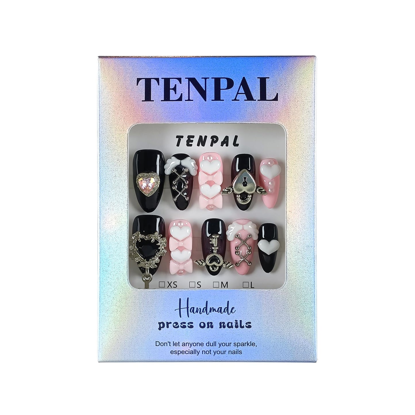 TENPAL 10Pcs Y2K Press On Nails With Tools,Ebony & Pink Almond Fake Nails with 3D Heart Bow & Cross Charms,Glossy Edgy Sweet Cute Nails for Women Girls,Handmade Acrylic Nails for Concert Party(S)