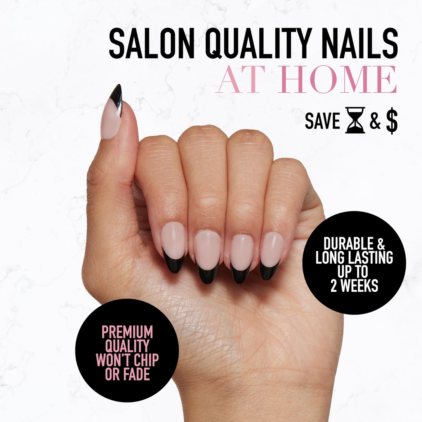 Glamnetic Press-On Nails & Adhesive Nail Tabs - Caviar | Semi-Transparent with Black French Tips, Short Almond Nails, Reusable |