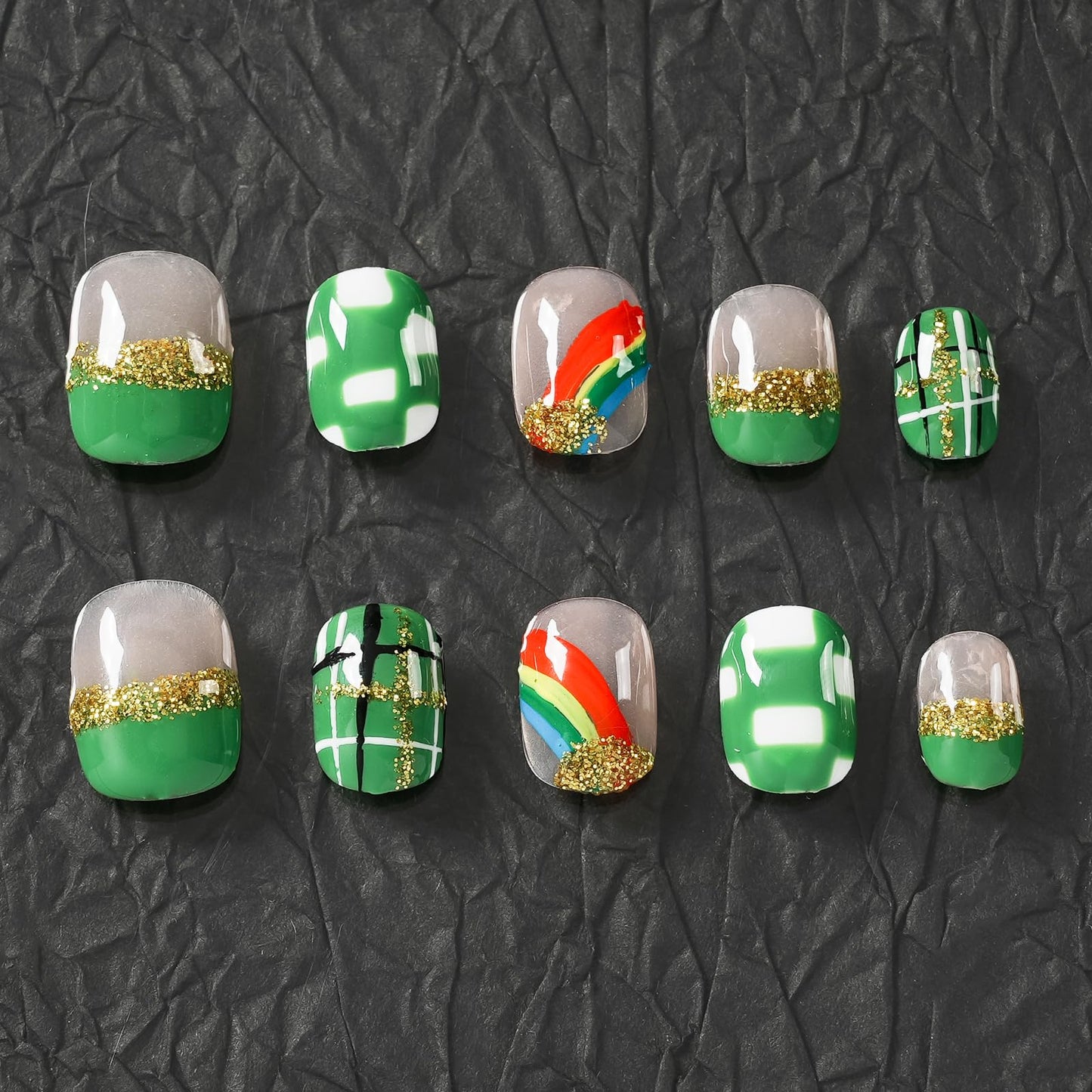 Tesytto Extra Short Press On Nails - Nude Base with Green French Tips & Gold Glitter, Hand-Painted Plaid & Rainbow,Easy to Apply & Remove (Size L)