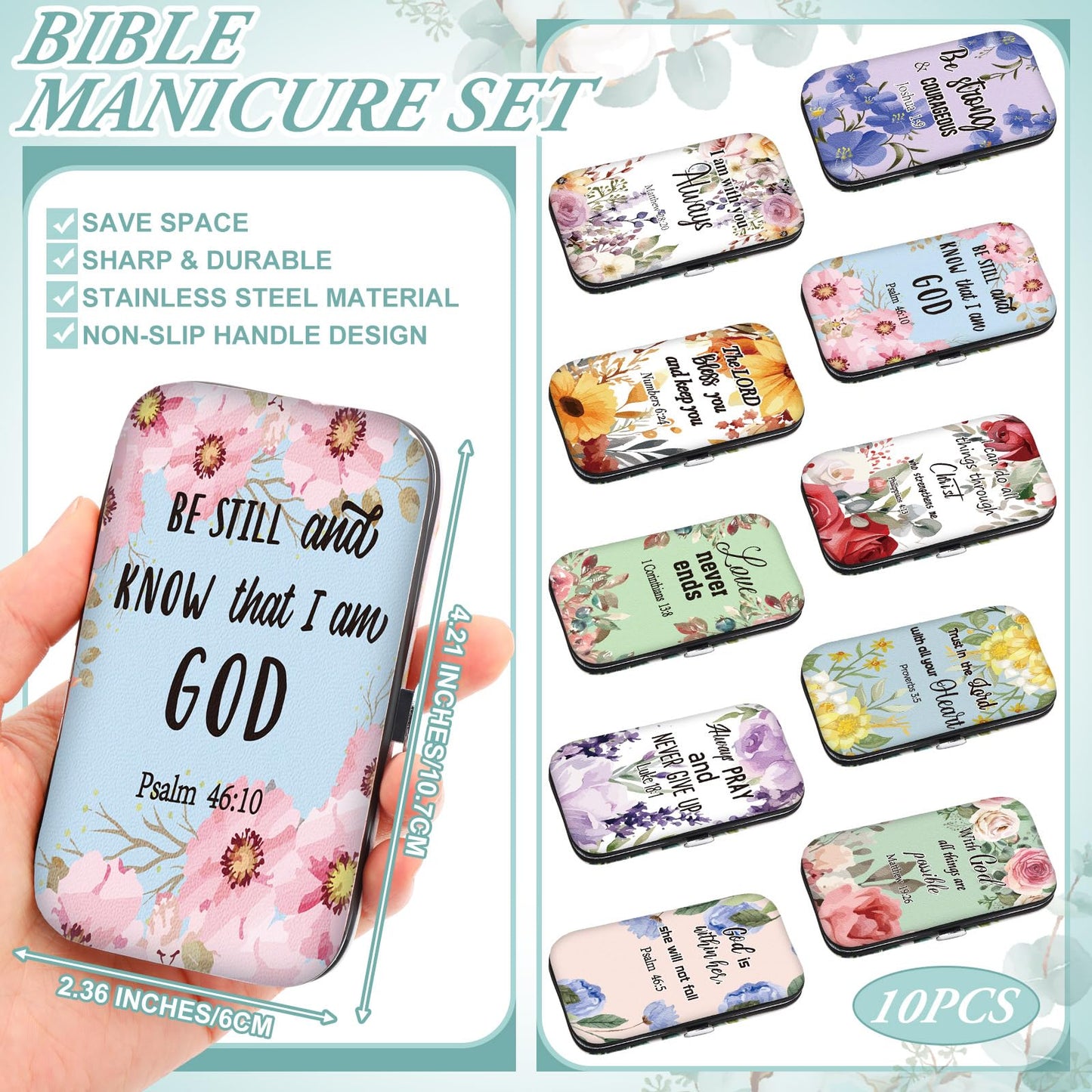 Lanties 10 Sets Christian Gifts for Women Bulk Bible Verse Scripture Manicure Sets Floral Stainless Steel Nail Clipper Set Religious Gift for Employee Staff Women Christmas Party Supplies