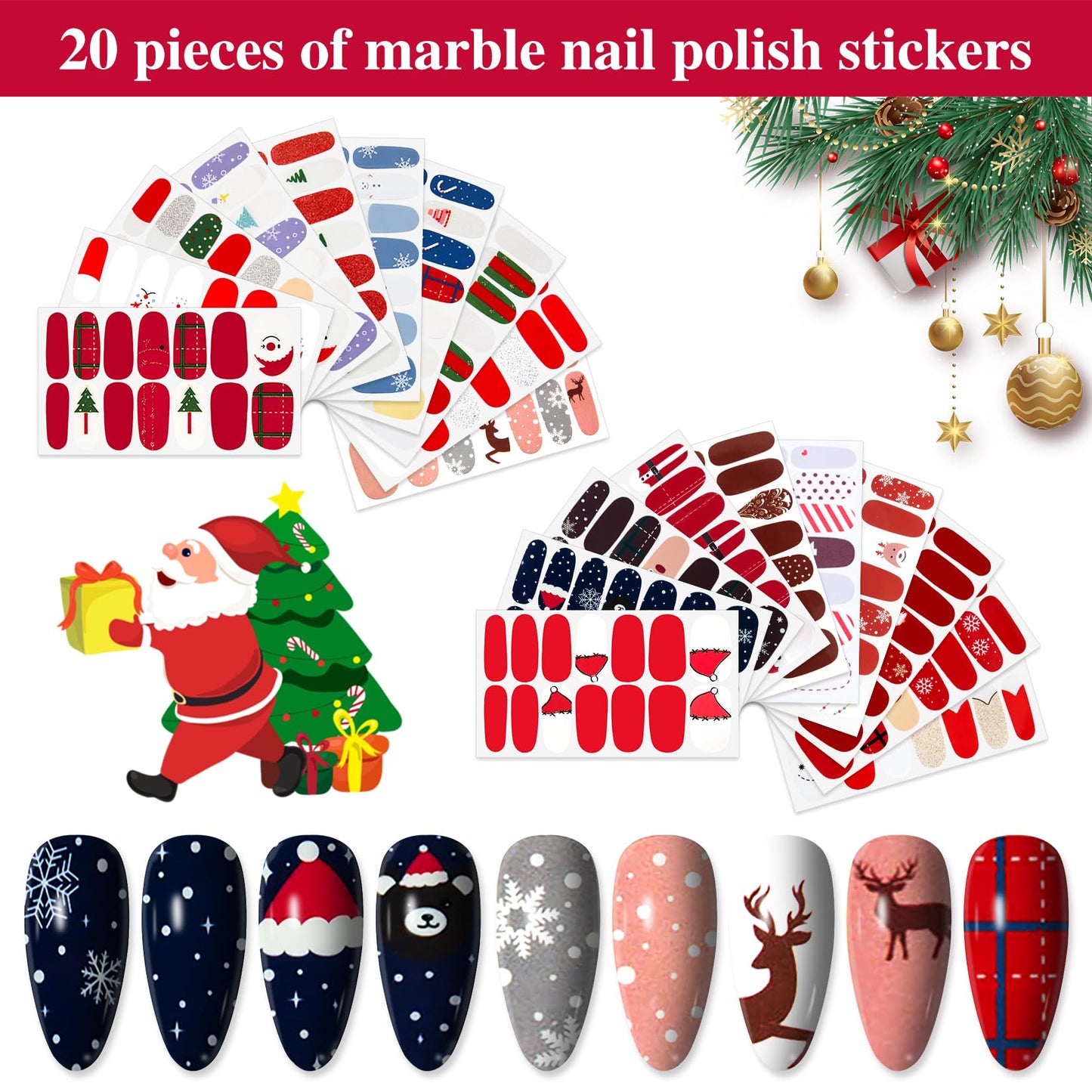 YECIRALA 20 Sheets Christmas Nail Wraps Stickers Stick On Nail Polish Strips For Women Girls Christmas Tree Reindeer Nail Stickers Nail Polish Stickers For Nails Gel Nail Strips Self Adhesive Decals