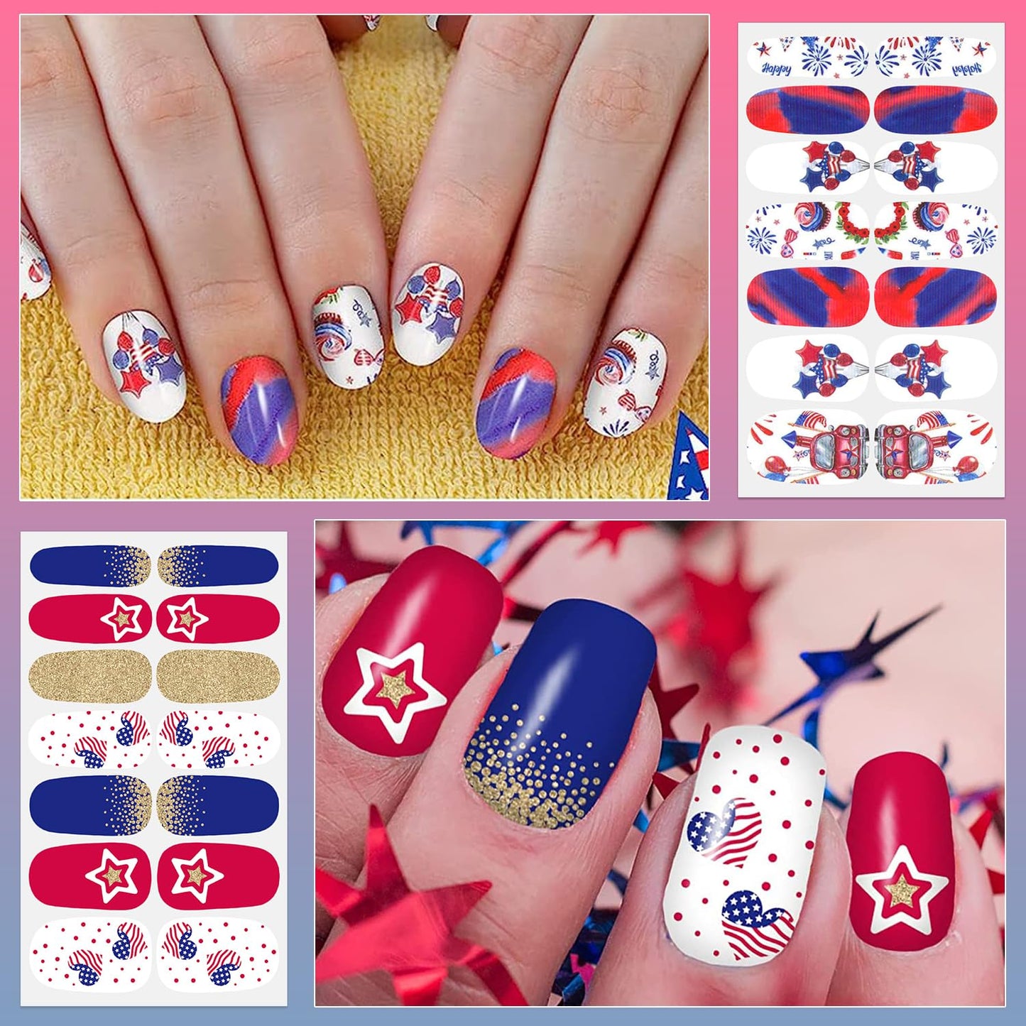 DANNEASY 24 Sheets 4th of July Nail Polish Stickers Full Nail Wraps Independence Day Self Adhesive Nail Polish Strips Fingernail Stick on Nails for Women with Nail File, Cuticle Stick