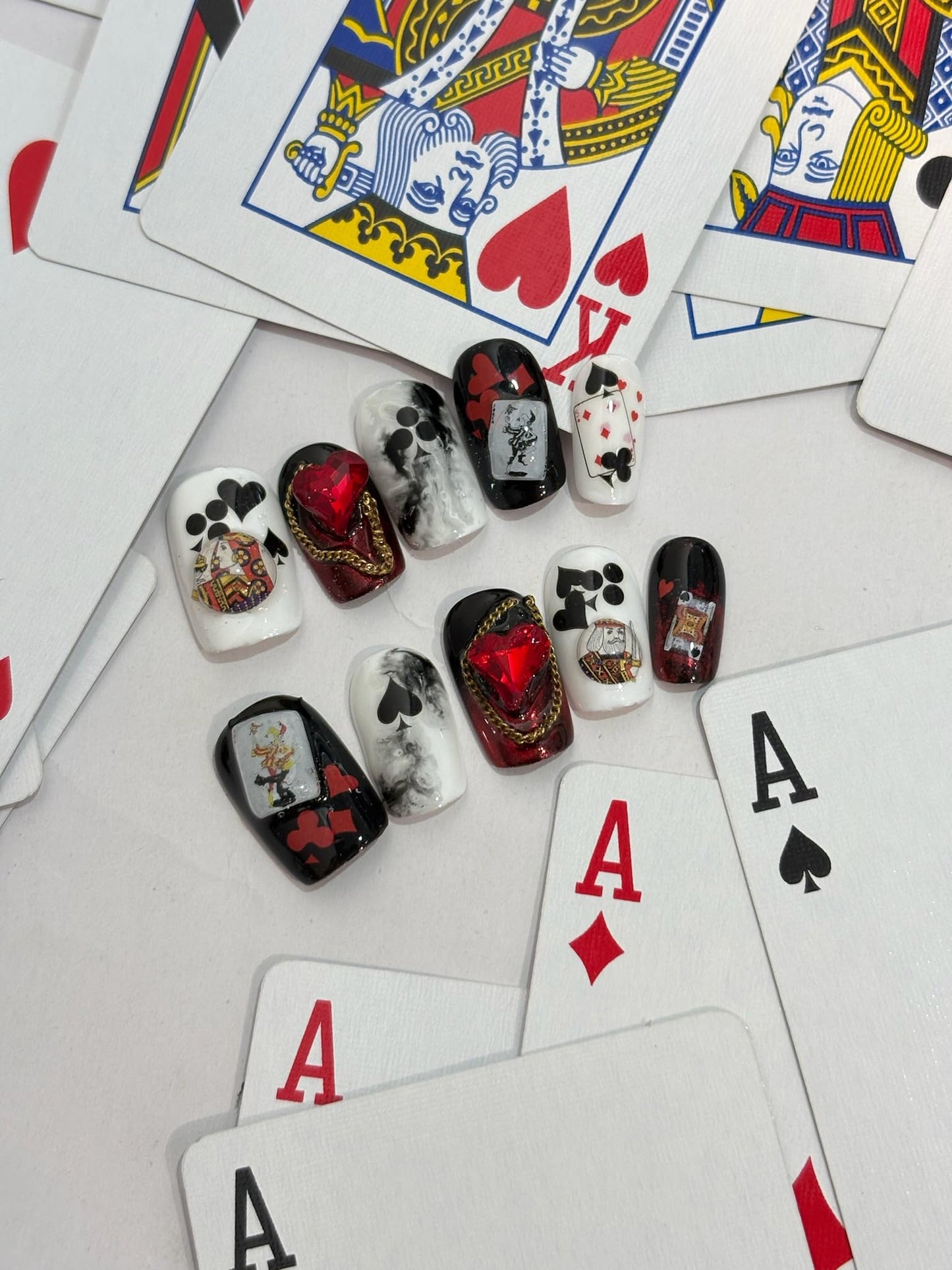 SIMAYKUWA 3D Self-Adhesive Nail Stickers - Poker Theme with Hearts & Diamonds, Trendy Fashion Nail Art Designs for Women A Set of 2 Sheets