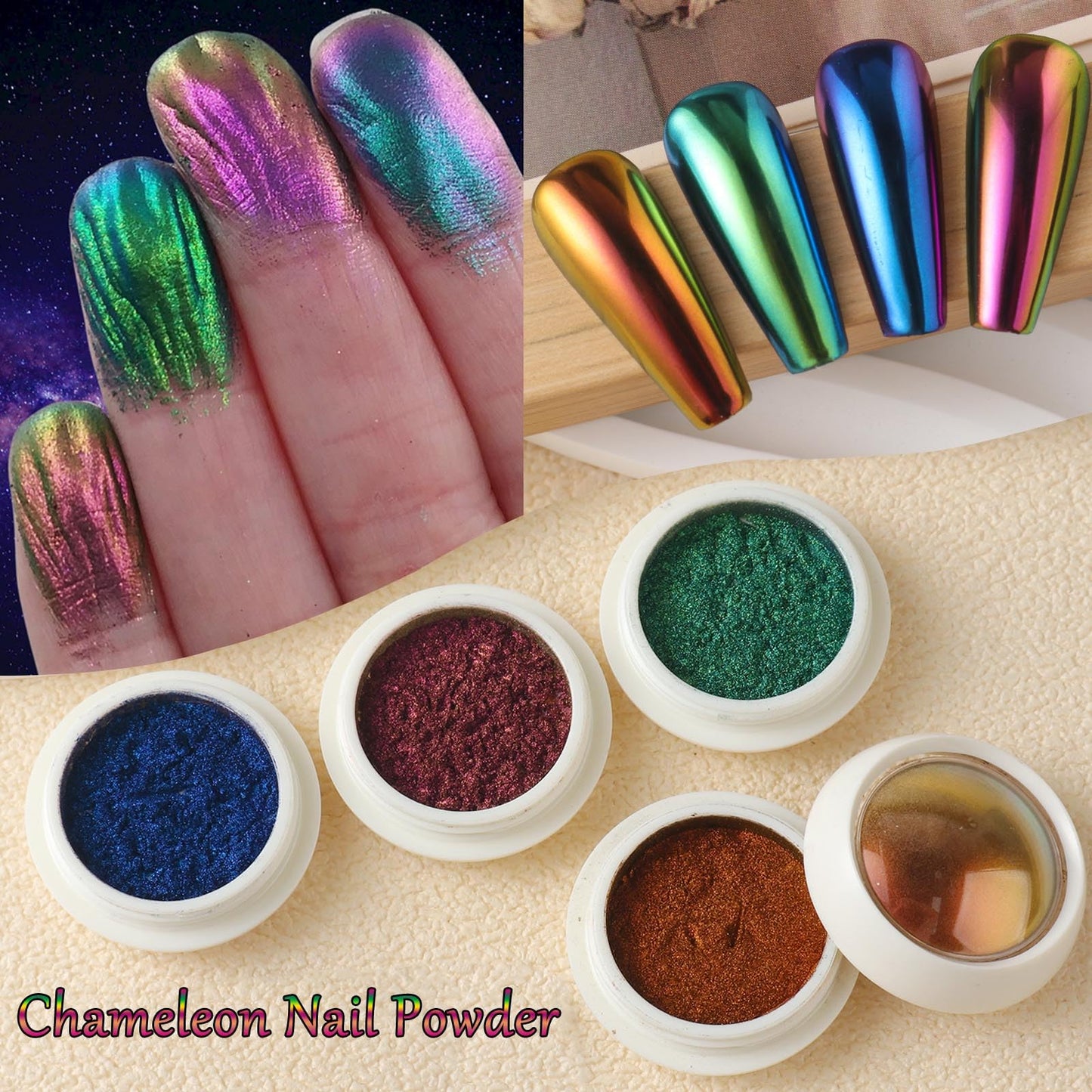 Chameleon Chrome Nail Powder,4pcs Magic Mirror Nail Glitter Pigment with Sponge Metallic Rubbing Dust Y2K Nail Gel Polish Galaxy Effect Salon-Quality Long-Lasting Nail Design
