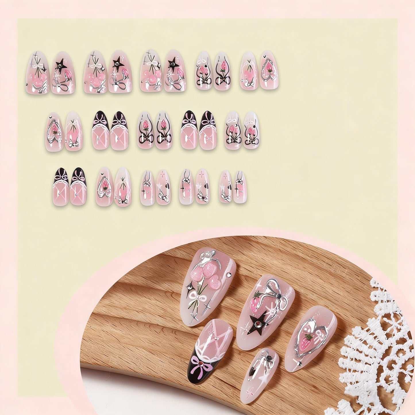 30Pcs French Tip Flower Press on Nails Medium Almond Glossy Acrylic Fake Nails with Bow Pearl Rhinestones Designs 3D Floral False Nails Pink Strawberry Cute Five-Pointed Star Nails Set for Women DIY