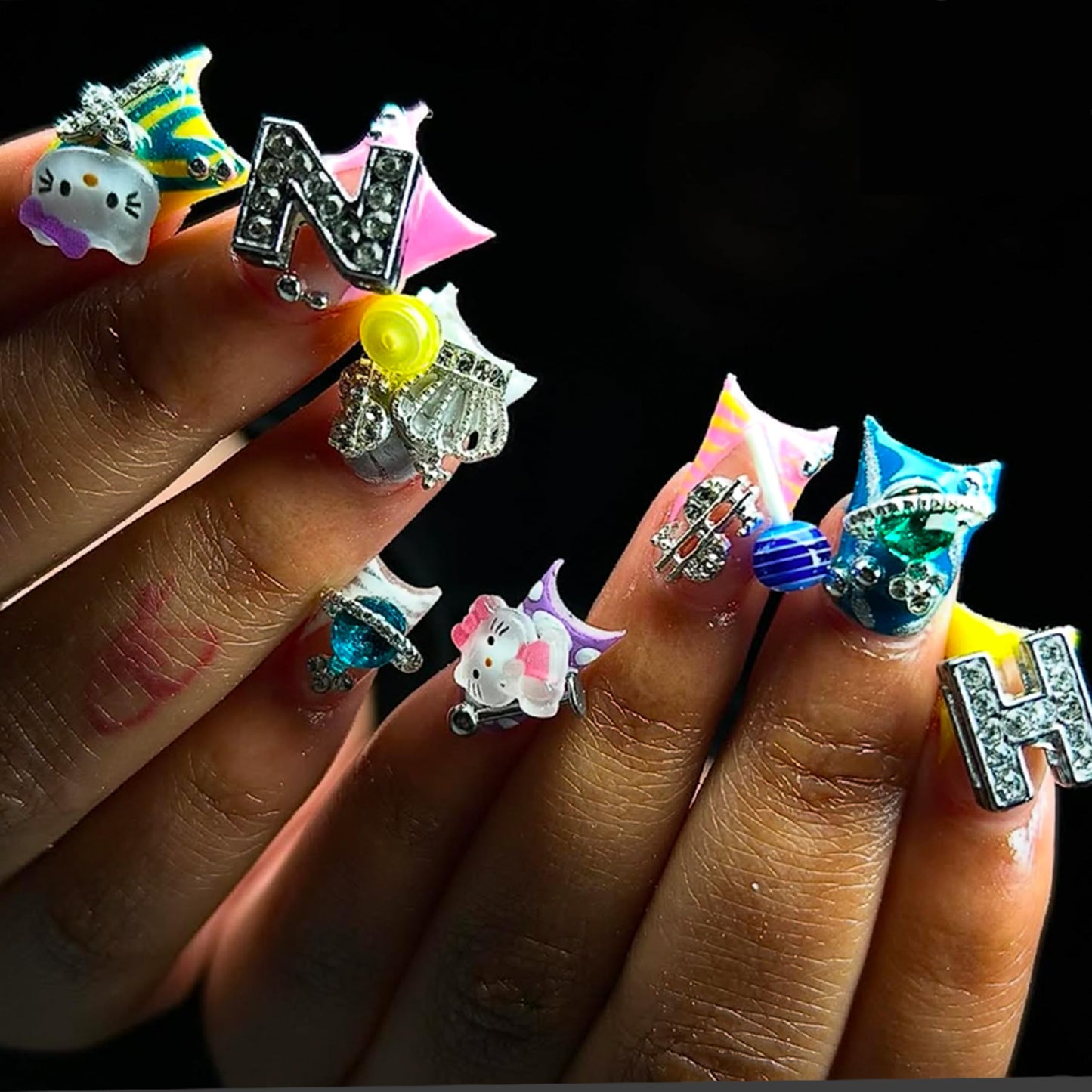 ZAKCBEAUR 80Pcs Silver Nail Charms Set with Pink Hearts，Crosses, Stars,Butterflies, Dollars, Cherries, Crowns,Lollipop Y2k Nail Gems for Women Girls Nail Decorations DIY Craft