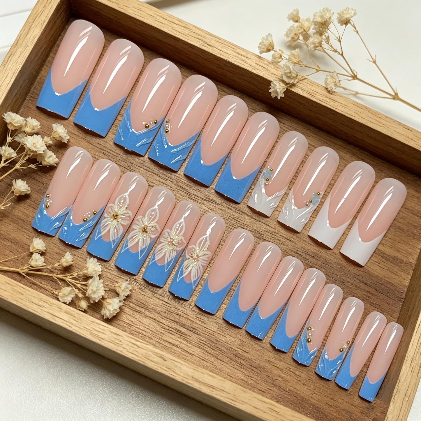 BABALAL Press On Nails, Extra Long Square Fake Nails, Baby Blue with 3D Flower & Gold Pearl Design, Glossy Mermaid Luxury Reusable Glue On Nails for Women and Girls 24Pcs