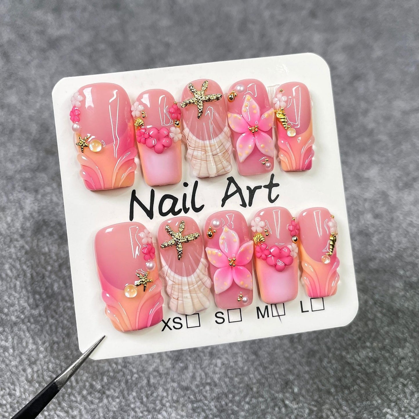 Handmade Press on Nails Square Shape Luxury Medium Handmade Nails with Flower & Starfish Design Pink Gradeint French Tip False Nails Muti-Layer Gel Stick on Nail for Women 10Pcs (M)