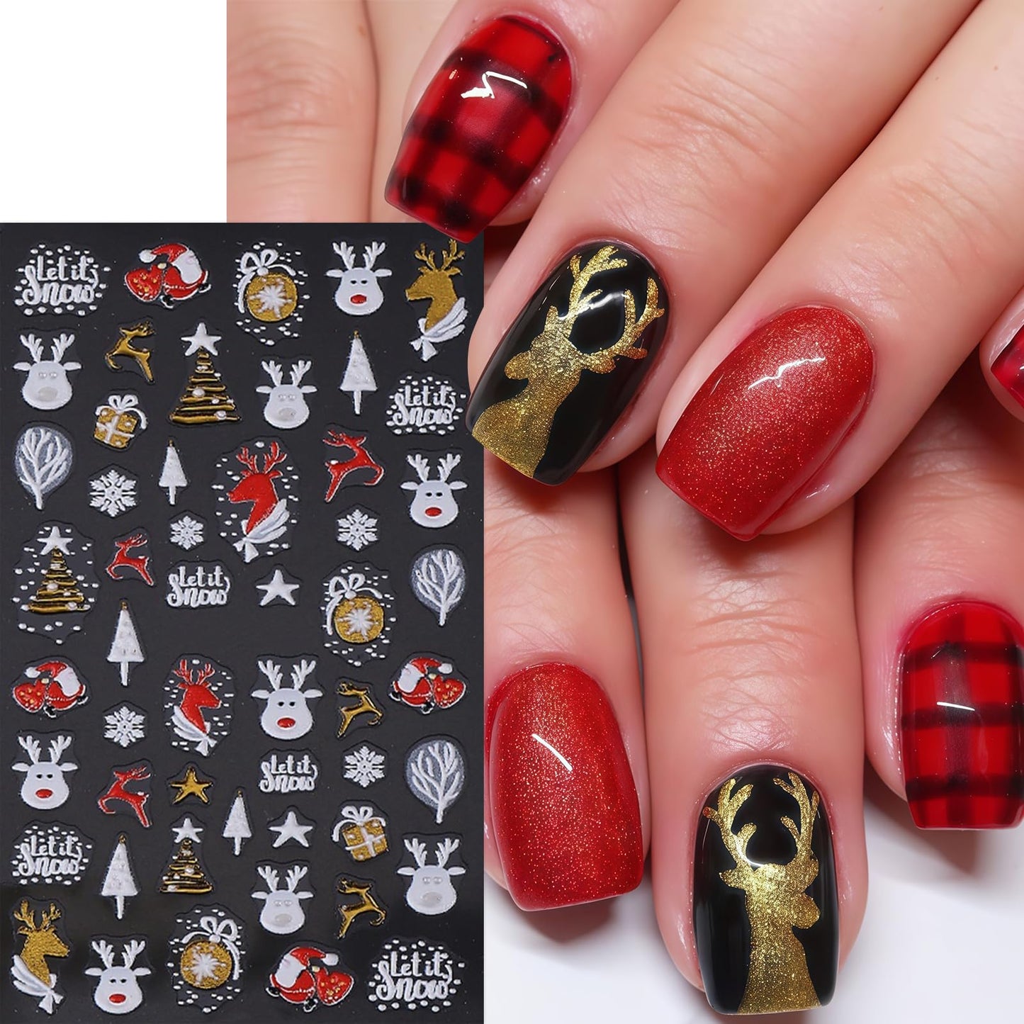 2 Sheets Christmas Nail Art Sticker 5D Embossed Self-Adhesive Nail Decals Elk Snowman Santa Xmas Tree Lantern Ball Nail Design Stickers Winter Holiday Nail Sticker Nail Decoration Supplies for Women