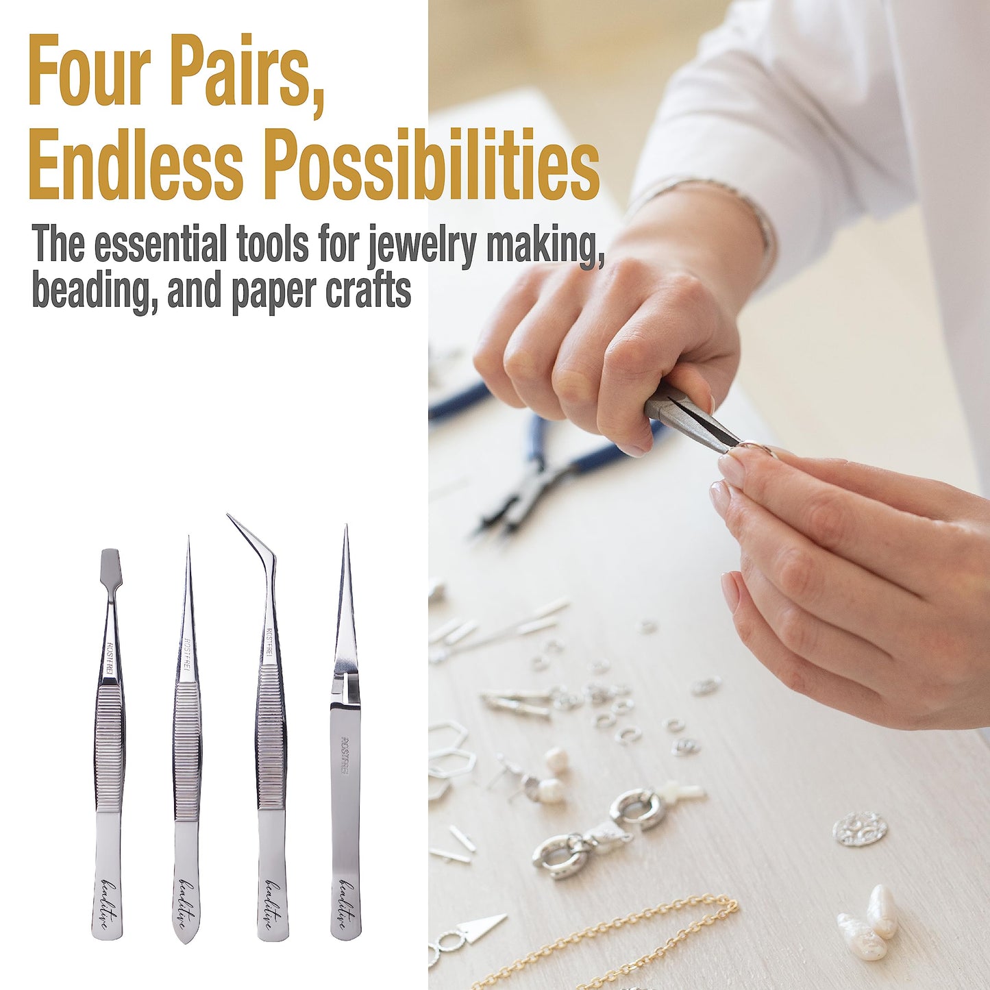 Beaditive Professional Stainless-Steel Precision Tweezer Set – Craft Tweezers for Jewelry & Nail Art – 4 Piece High Precision Jewelry Picking Tools – Jewelry Tools with Non-Serrated Tips