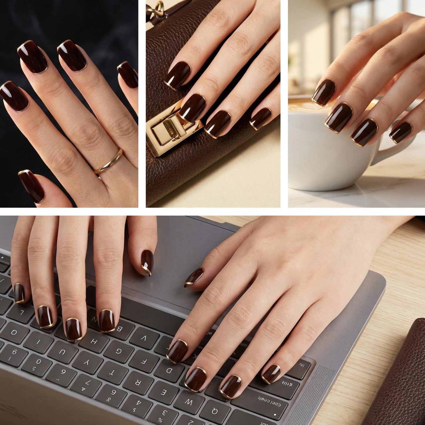 Taoyisent Glossy Chocolate Brown French Tip Press On Nails – Short Square Soft Gel Nails with Gold Edge, Reusable Full Cover Nail Tips, 24PCS