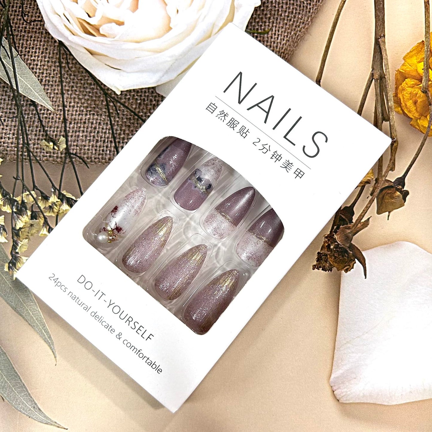 24Pcs Flower Press on Nails Medium Almond Shaped Pearl Bow Design Glitter Powder False Nail Full Cover Glossy Purple Artificial Stick on Nails Reusable 3D Floral Press Ons Glue on Nail for Women