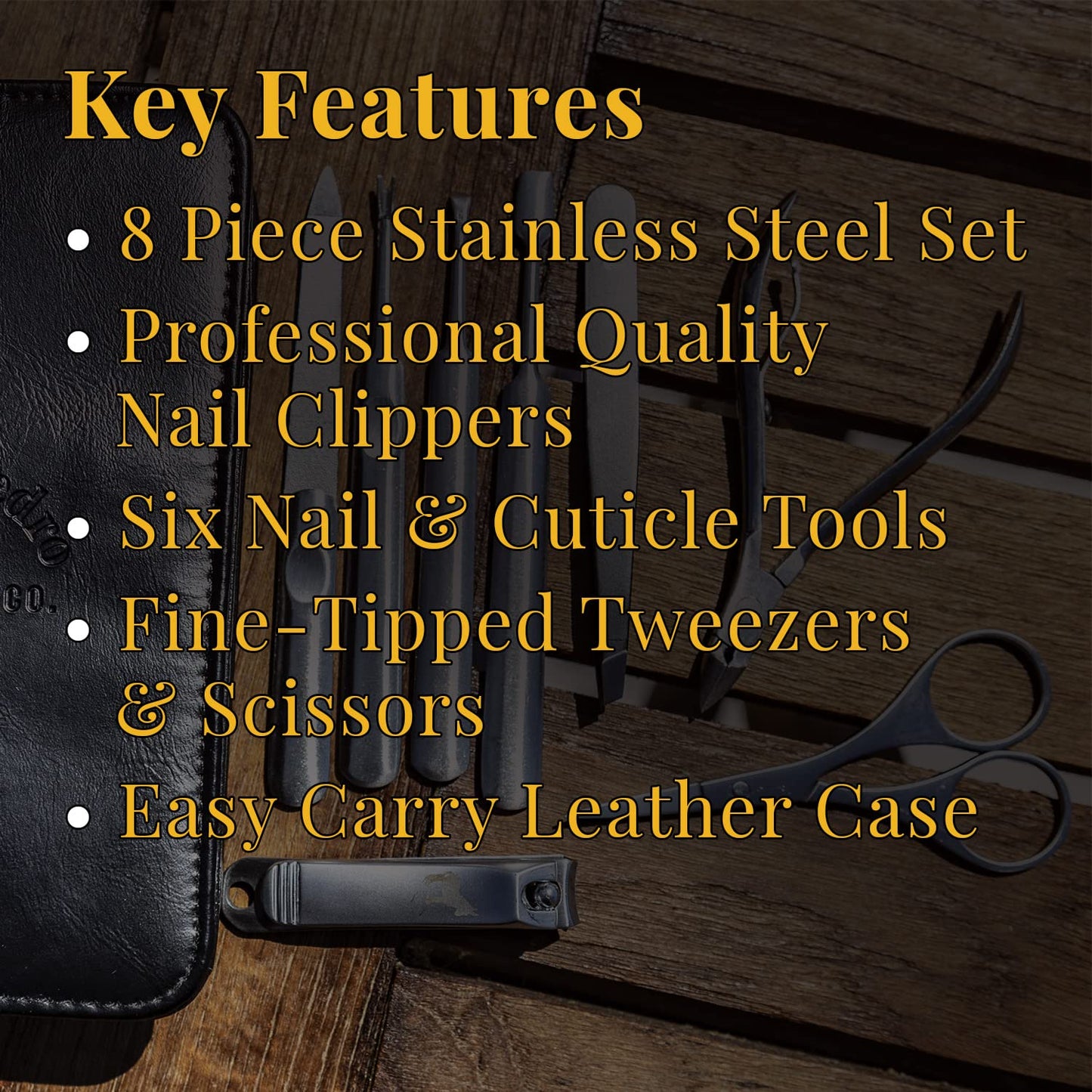 Pete & Pedro Men's 8-Piece Stainless Steel Professional Manicure Set For Men & Women | Nail Clippers, File, Cuticle Care, Scissors | Leather Travel Case, Pedicure, Grooming Kit | As Seen on Shark Tank