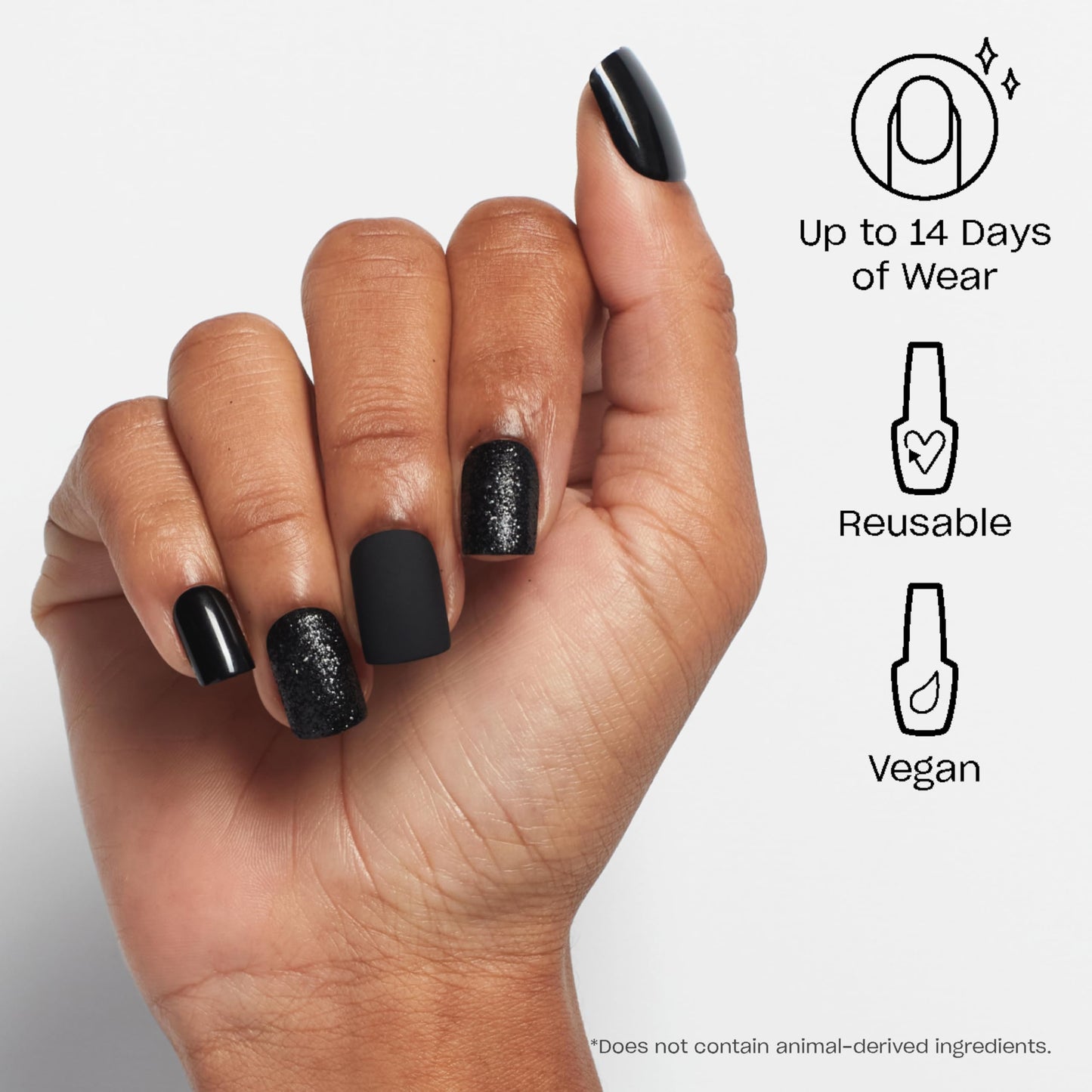 OPI On Point Little Black Onyx Dress | Short Squoval Black Matte with Accent Glitter Nail Art Press On Nails | 30 Count with Nail Glue | Long Lasting, Reusable, Non-damaging