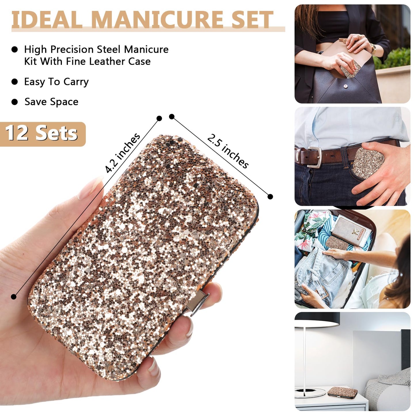Geosar 12 Set 8 in 1 Manicure Gifts for Fathers Day Bulk Stainless Steel Nail Clippers Kit Pedicure Care Tools with Leather Case Travel Grooming Kit Gift for Women Men Hands Foot(Glitter Rose Gold)