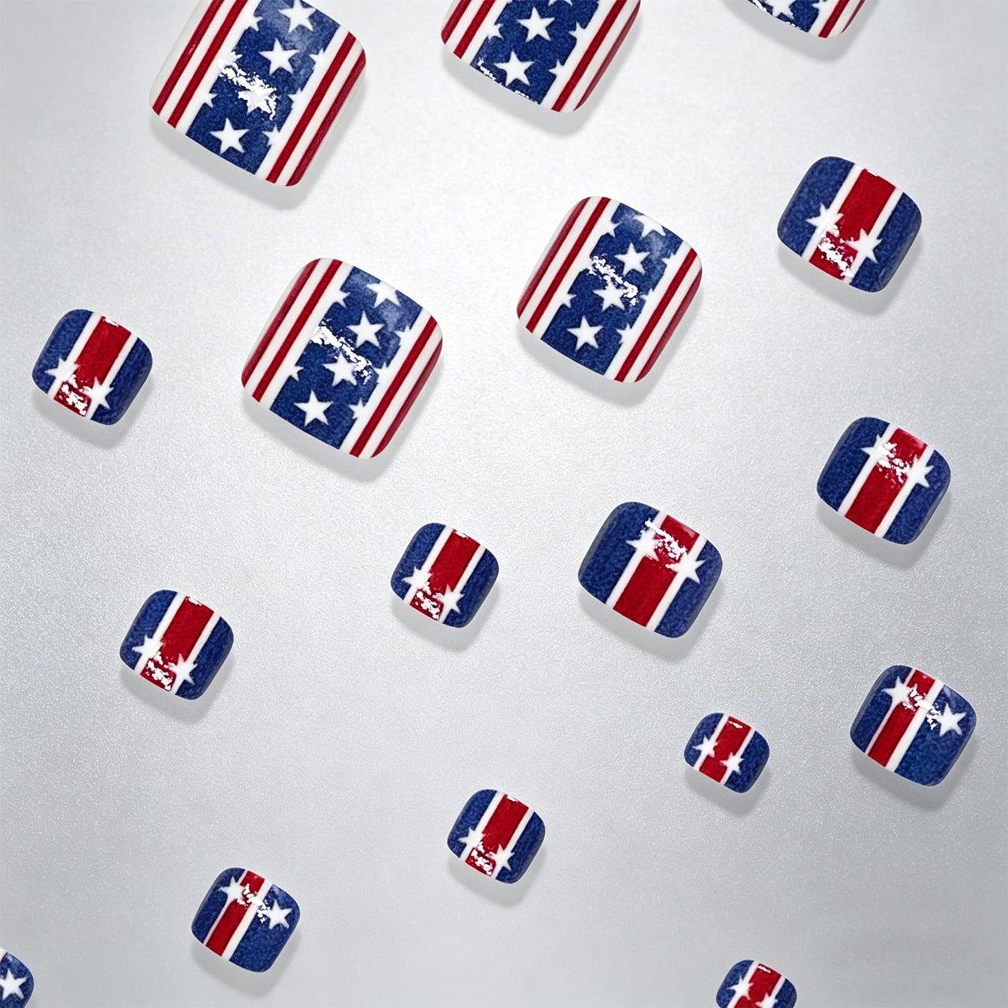 Summer 4th of July Press on Toenails Short Square Fake Toe Nails with Red Blue White Stripe Star Designs Patriotic Toe Nail Press ons Independence Day Stick on Toenails for Women 24Pcs