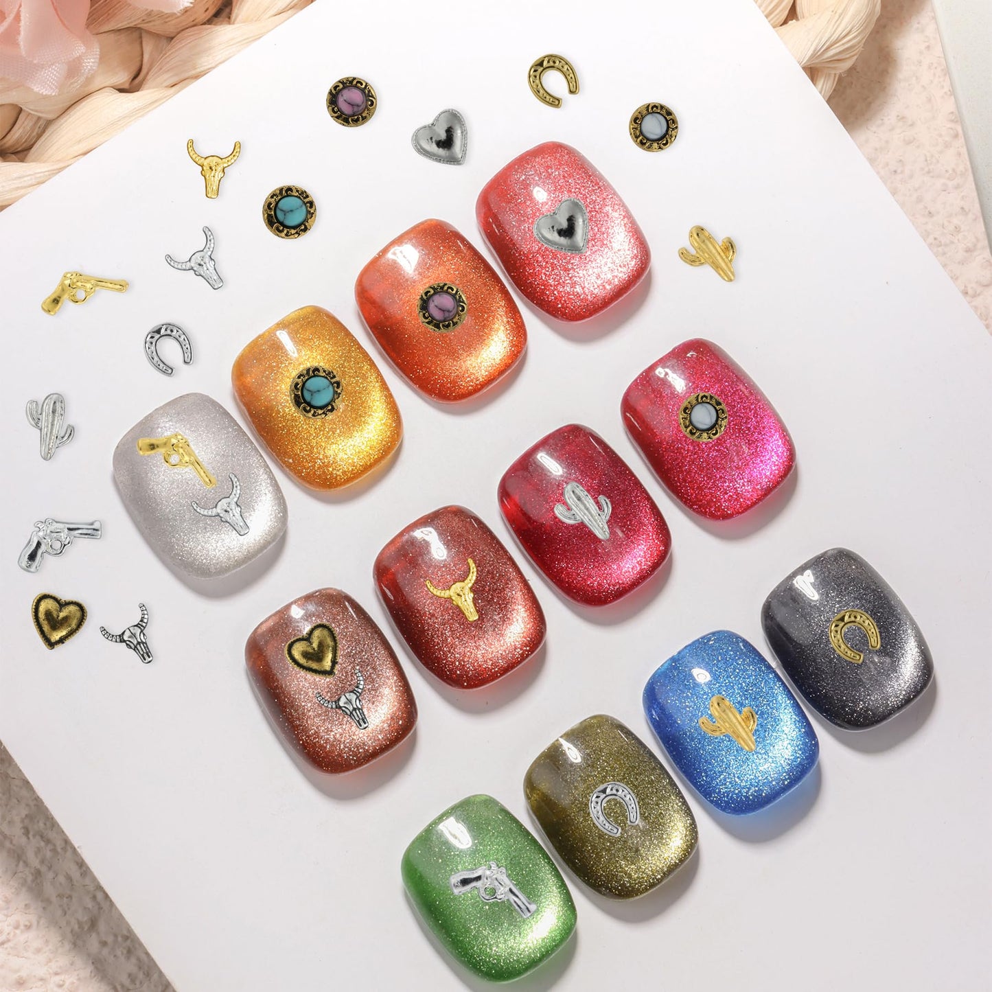 Ohmique 30 PCS Western Nail Charms - 3D Vintage Cowboy Cowgirl Nail Charms, Turquoise, Gold, Silver, Pink, Blue Retro Metal Gem Western Art Stickers Accessories for DIY