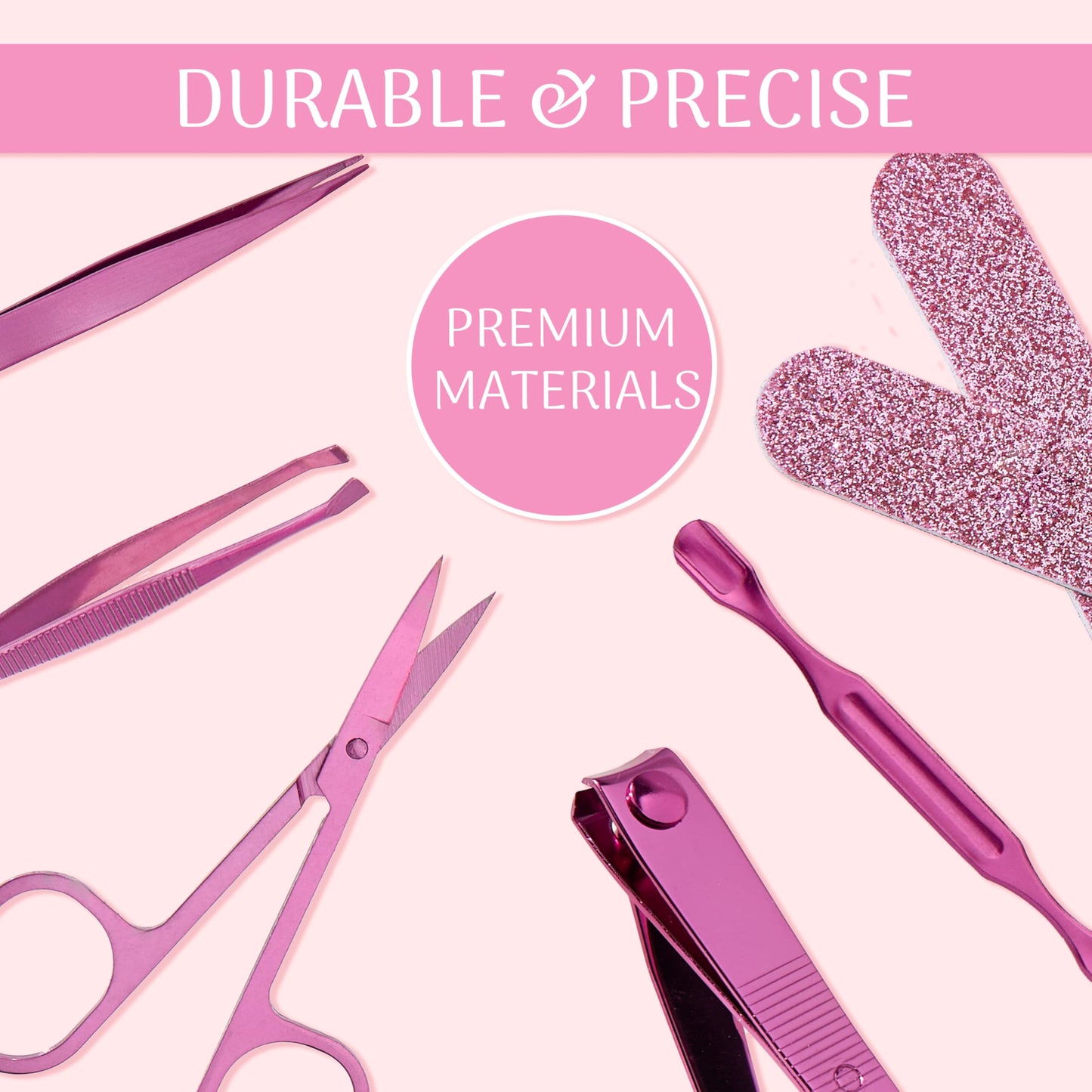 8pc On-The-Go Grooming Kit – Premium Manicure & Pedicure Set for Nails, Brows & Beyond – Complete Travel Grooming Tools with Pink Glitter Lip Case