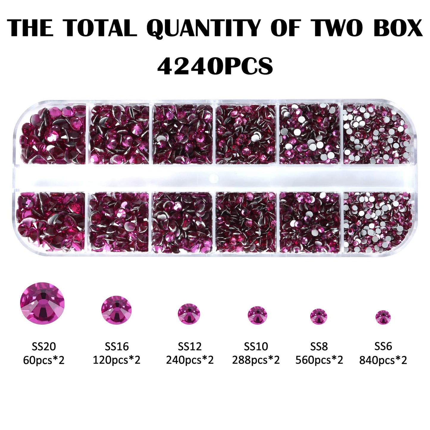 Meibite Fuchsia Glass Flatback Rhinestones for Nails, Crafts & Clothes – 4240PCS 6 Sizes (SS6–SS20) Crystal Gems Kit with Tweezers & Picker, Non Hotfix DIY Rhinestones for Tumblers, Shoes, Nail Art