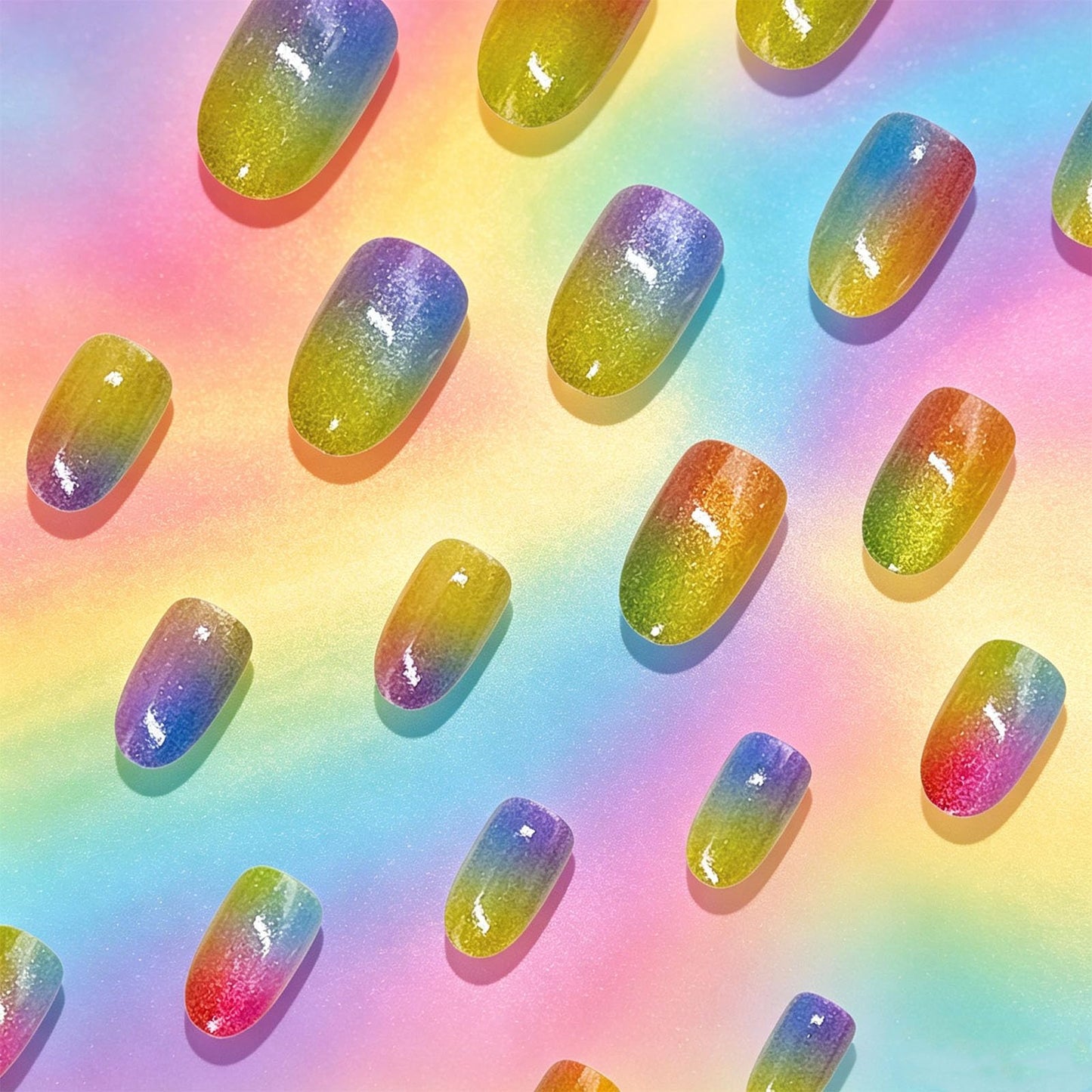Rainbow Press on Nails With Pride Design, Medium Oval False Nails, Glossy Shimmer Glitter Fake Nail Sparkly Ombre Glue on Nail, Shine Gradient Stick on Reusable Acrylic Fingernail for Women Daily Wear