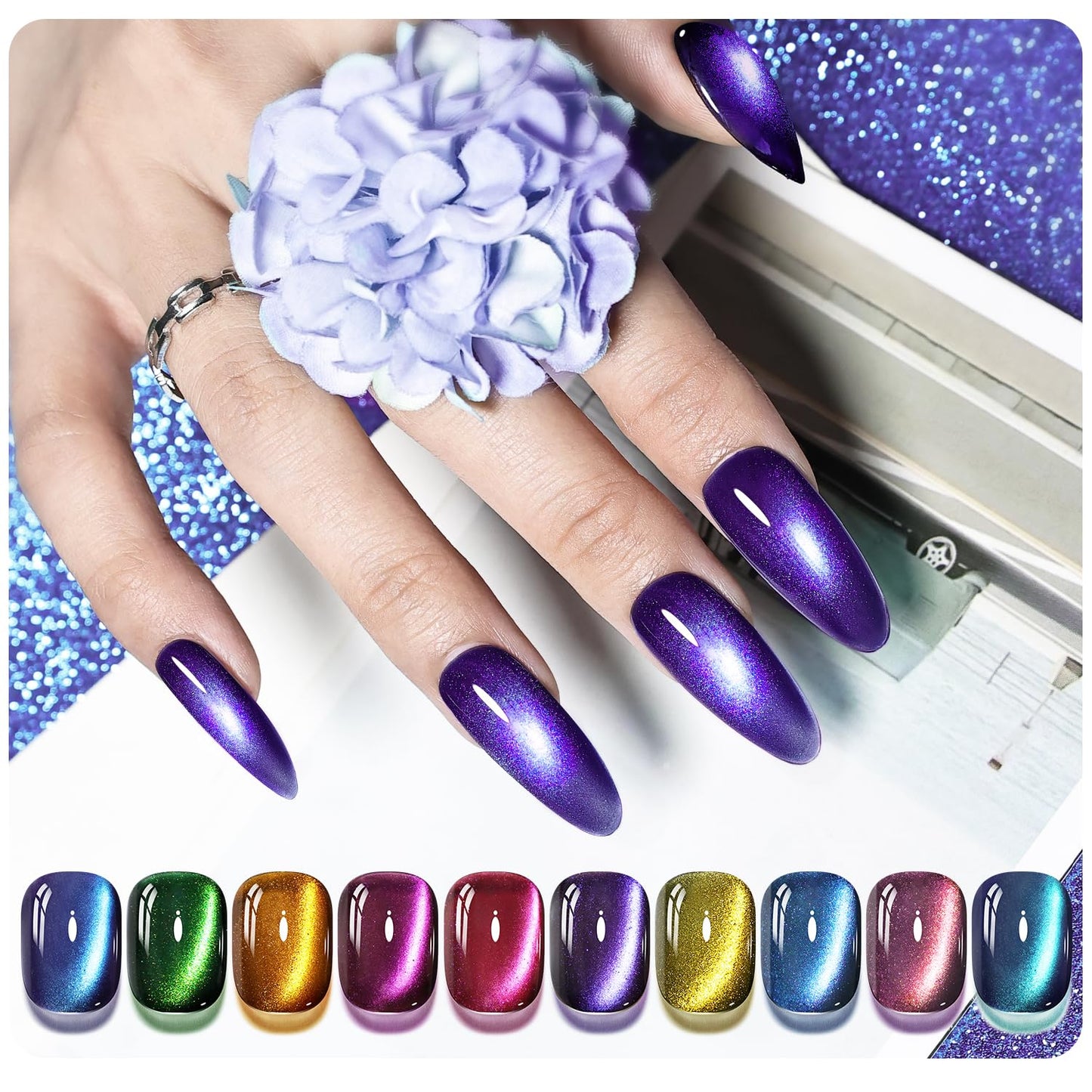 JODSONE Cat Eye Gel Nail Polish 10 Colors Blue Green Red with Base Coat Top Coat Magnet Stick Glazed Amber Cat Eye Gel for Home DIY