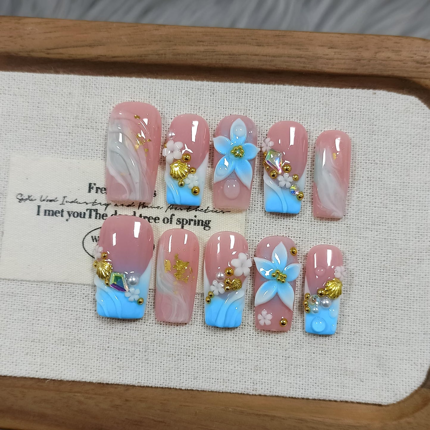 TENPAL Squoval Press on Nails - Blue Pink Ombre with 3D Floral Shell Relief | Reusable Icy Glossy Fake Nails with Tools | Everyday Elegant French Ocean Sky Blue Glue on Nails for Women Girls(S）