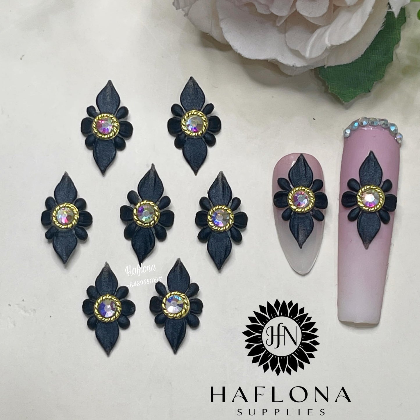 Set 10Pcs 3D Poinettia Flower -Nail Art Charms Handmade by Acrylic Powder Design Nail Art Floral Salon Decor, 3D -Flowers -Nails -Charms with Rhinestone Gems -for Women Girls (Black 10Pcs)