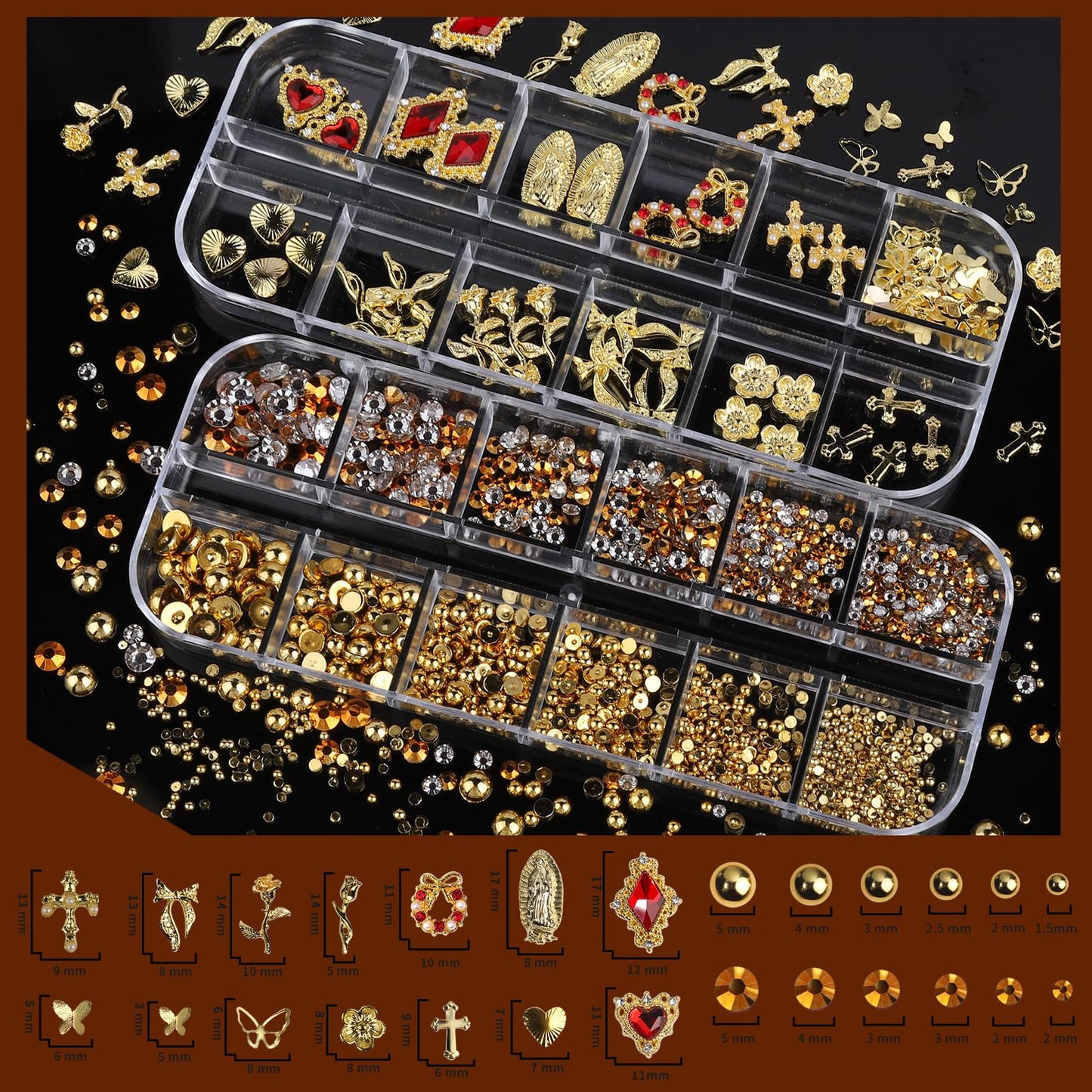 Teenitor Gold Nail Charms and Gems Set, 4 Boxes Nail Gems Nail Pearls Nail Art Tools, 3D Cross Nail Charms Heart Nail Rhinestones for Nails Supplies, Charms for Nails Design Nail Art Kit