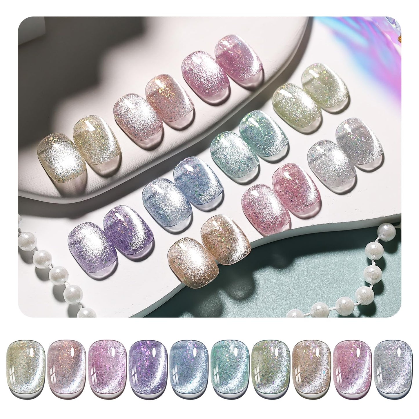 JODSONE 10 Colors Gel Nail Polish Set with Base Coat and Top Coat Magnetic Stick Aurora Crystals Cat Eye Perfect Holiday Gifts for Manicure and Lovers