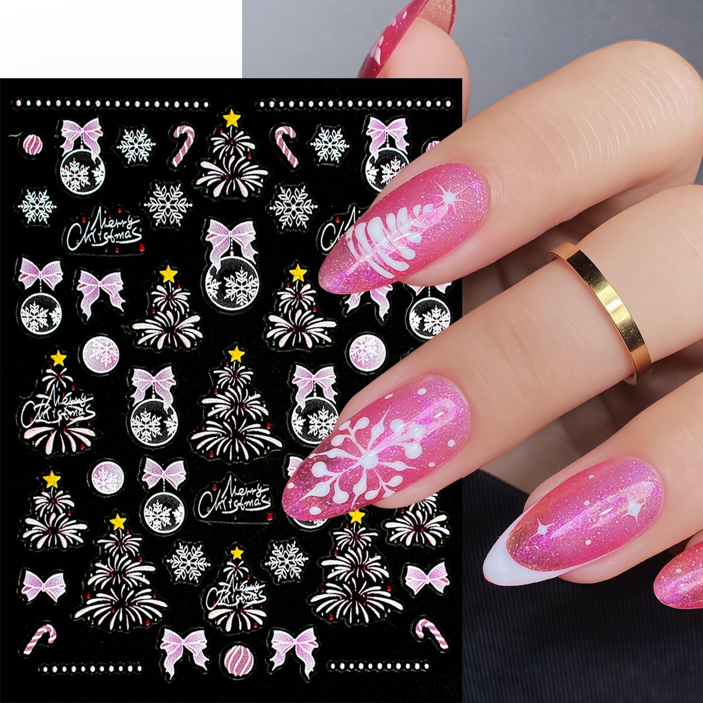 4 Sheets 5D Embossed Christmas Nail Art Stickers Pink Blue Fireworks Christmas Tree Nail Stickers Self-Adhesive Snowball Tree Nail Decals for Women Winter Xmas Holiday Manicure DIY Nail Supplies