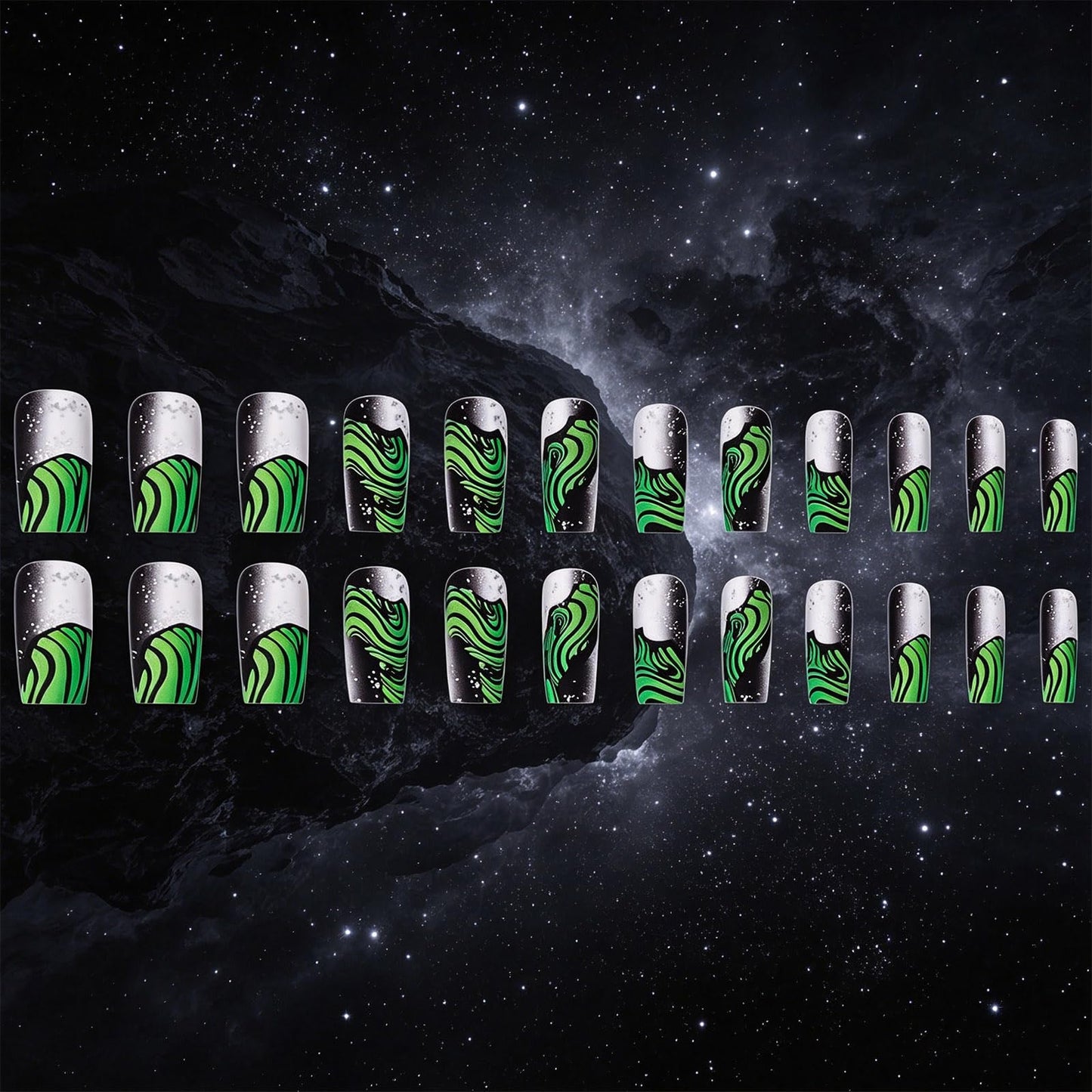 Neon Green Abstract Press on Nails, Gray Black Gradient Fake Nails with Matte, Medium Square False Nail for Punk Y2K Style, Green French Tips Stick on Artificial Fingernails for Women Party Daily Wear